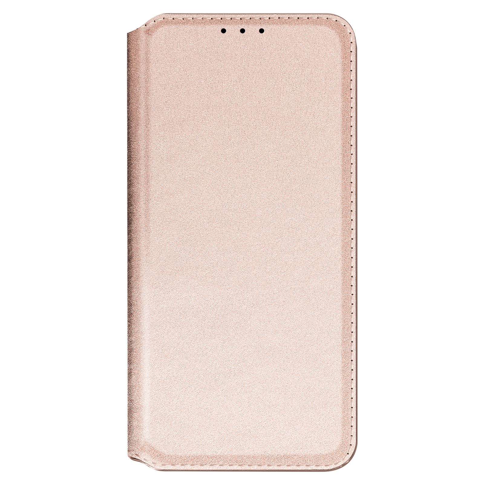 Custodia per telefono oro rosa con patta frontale.