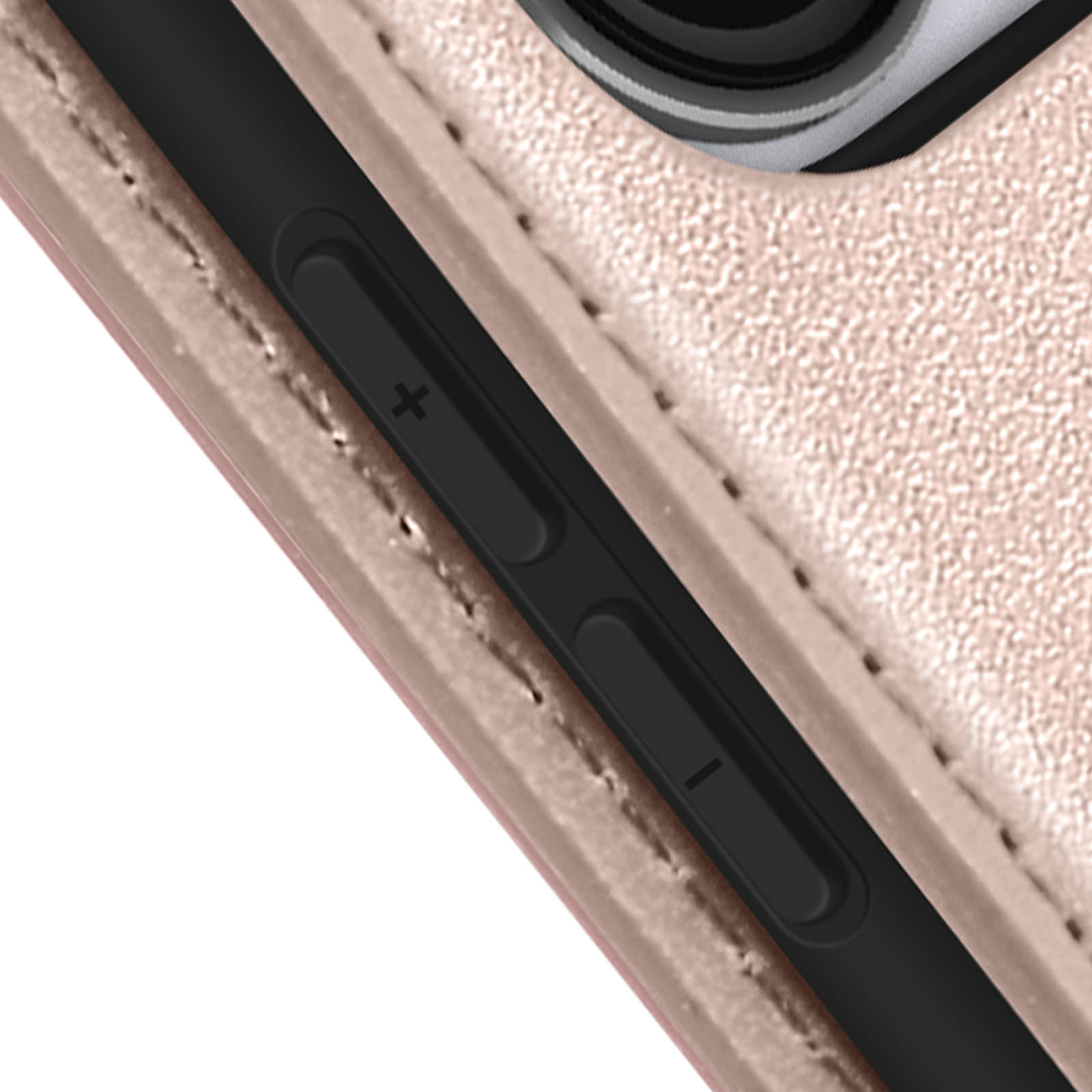 Primo piano di una custodia per smartphone con pulsanti del volume, che mostra i segni più e meno.
