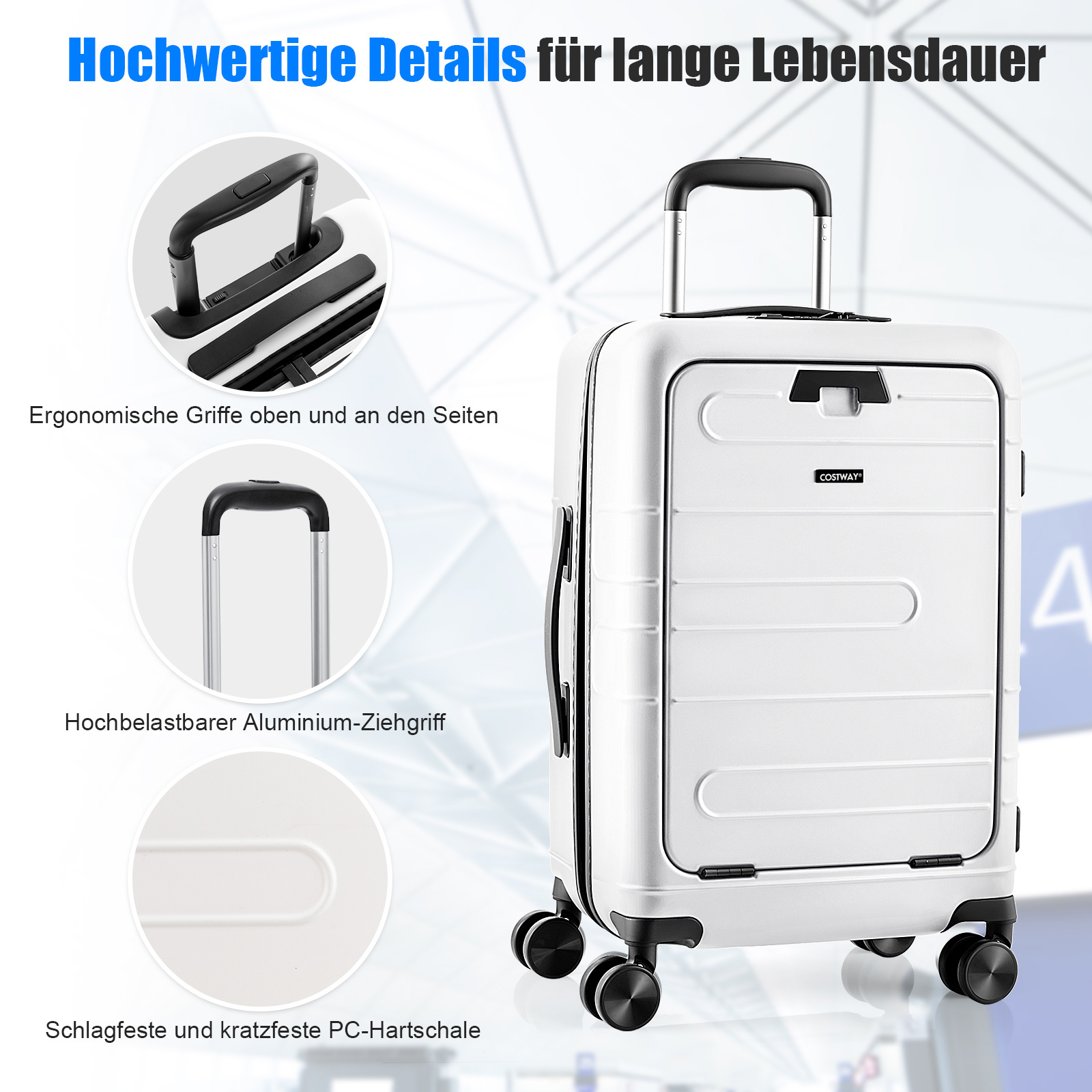 Weißer Koffer mit schwarzen Rädern und Griff. Details von Griff und Hartschale werden gezeigt.