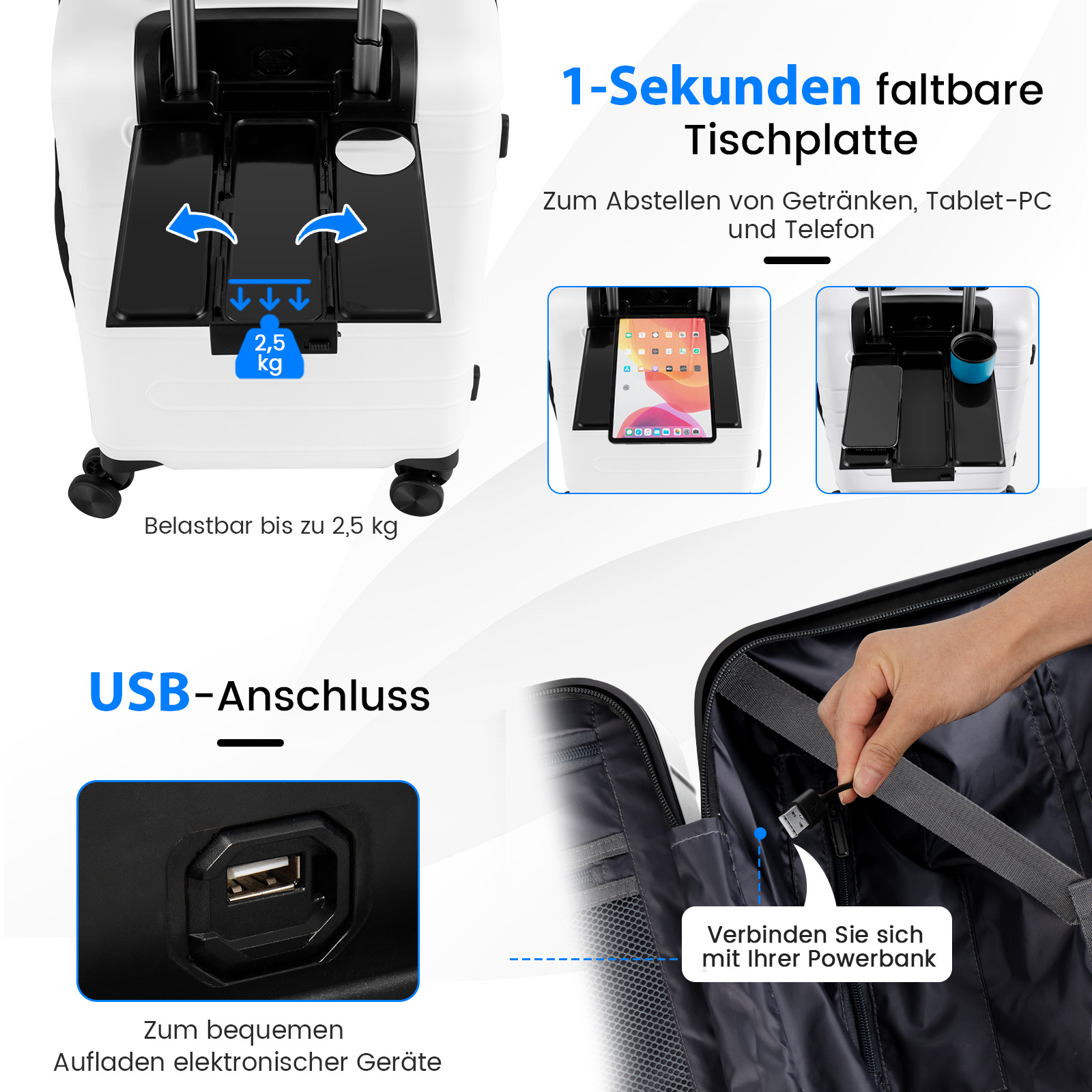 Weißer Koffer mit schwarzen Rädern, ein Tablet, ein Telefonständer und ein USB-Anschluss zum Aufladen.