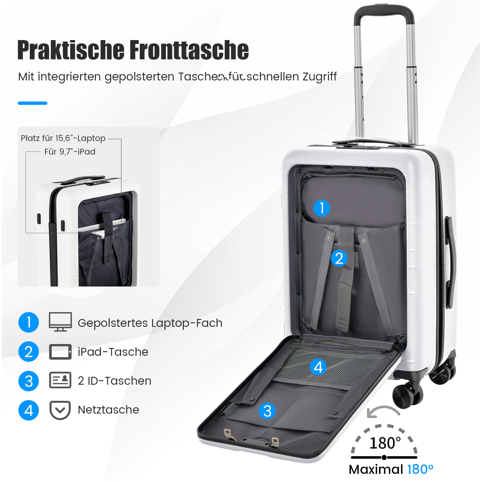 Weißer Koffer mit offenem Fach, Etiketten und Text auf Deutsch. Um 180 Grad geöffnet.