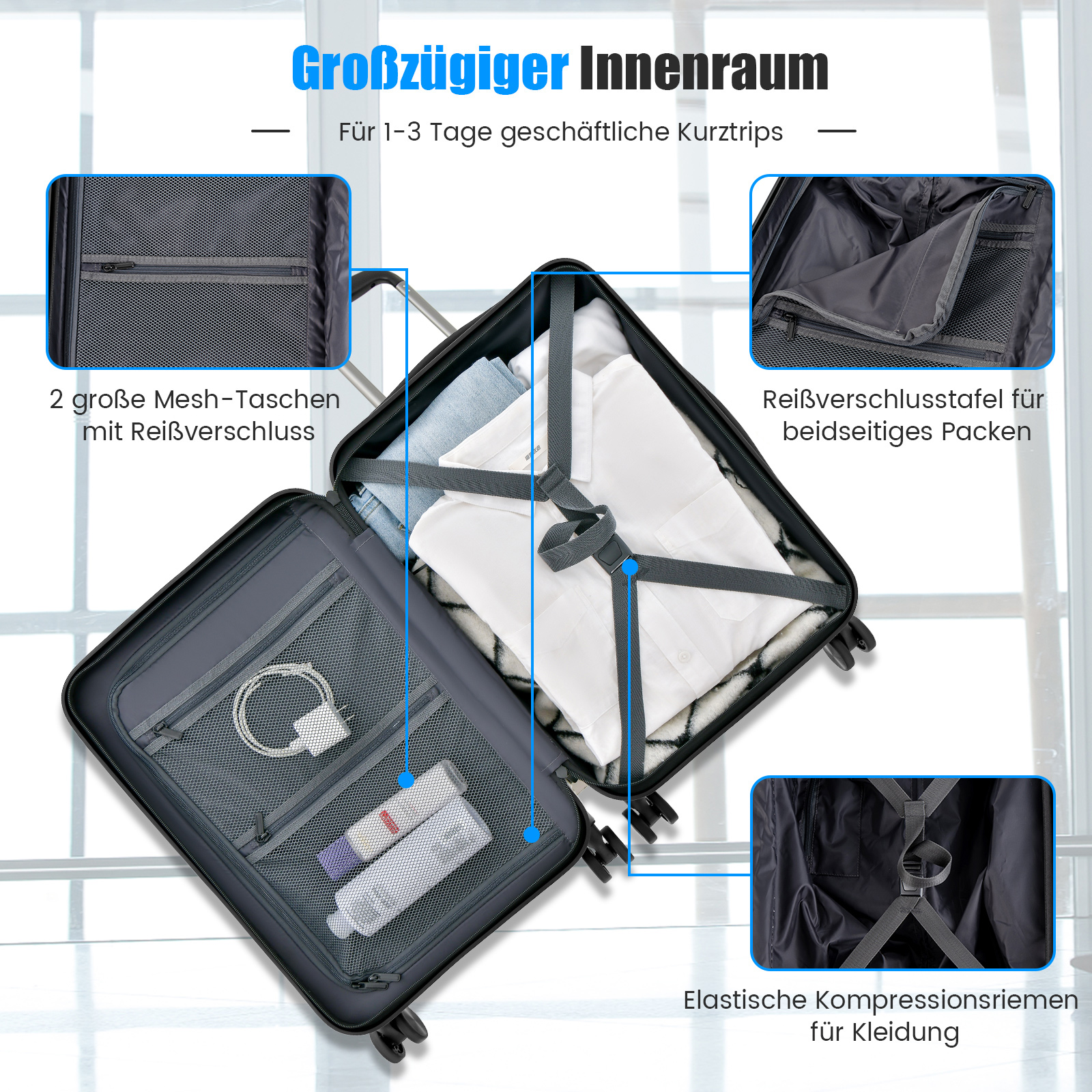 Offener Koffer mit Kleidung und Taschen im Inneren. Text und Grafiken sind auf Deutsch.