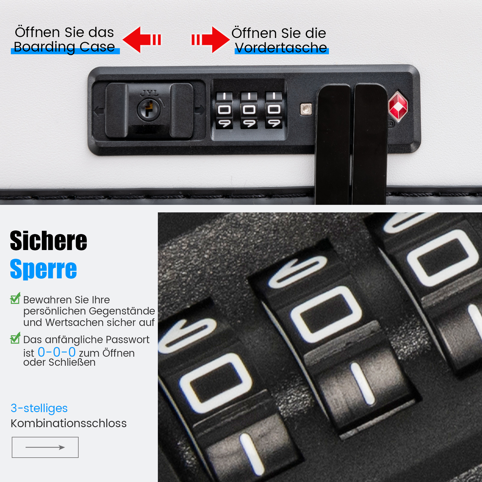 Nahaufnahme eines Koffers mit Zahlenschloss. Pfeile zeigen auf den Koffer und die Vordertasche.