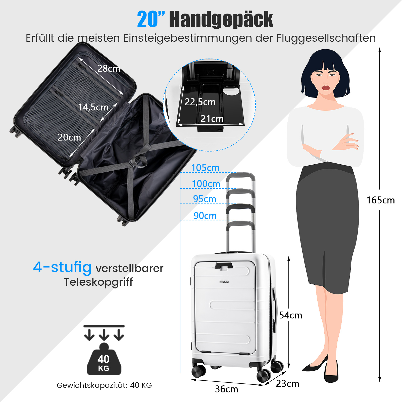Eine Frau steht neben einem weißen Rollkoffer, mit angezeigten Maßen.