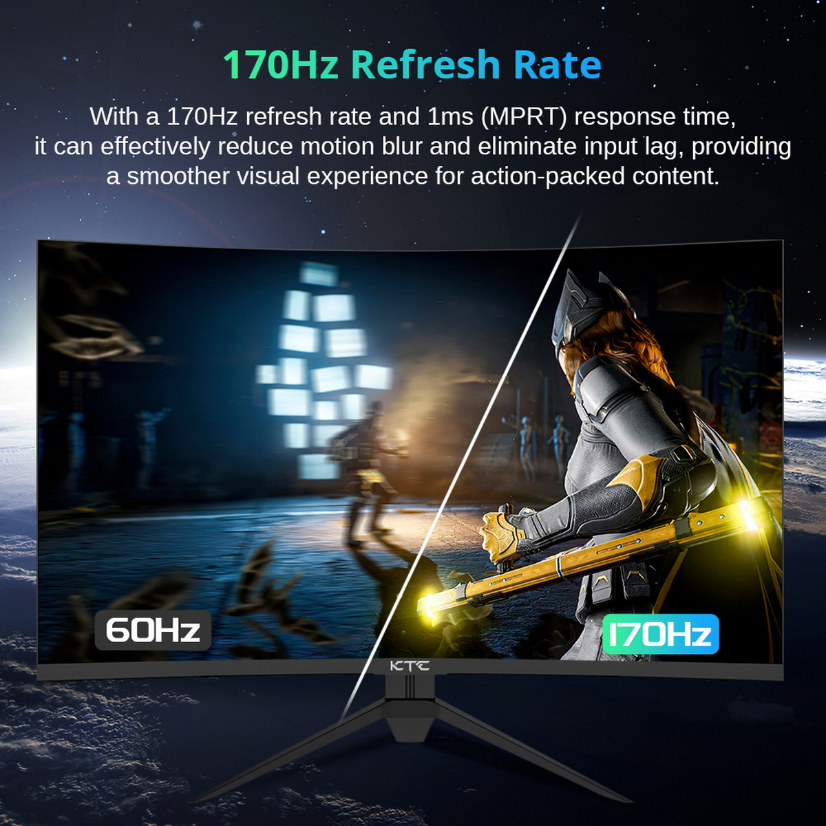 Zakrzywiony monitor pokazujący scenę z gry, z porównaniem 170 Hz i 60 Hz oraz postacią Batwoman.