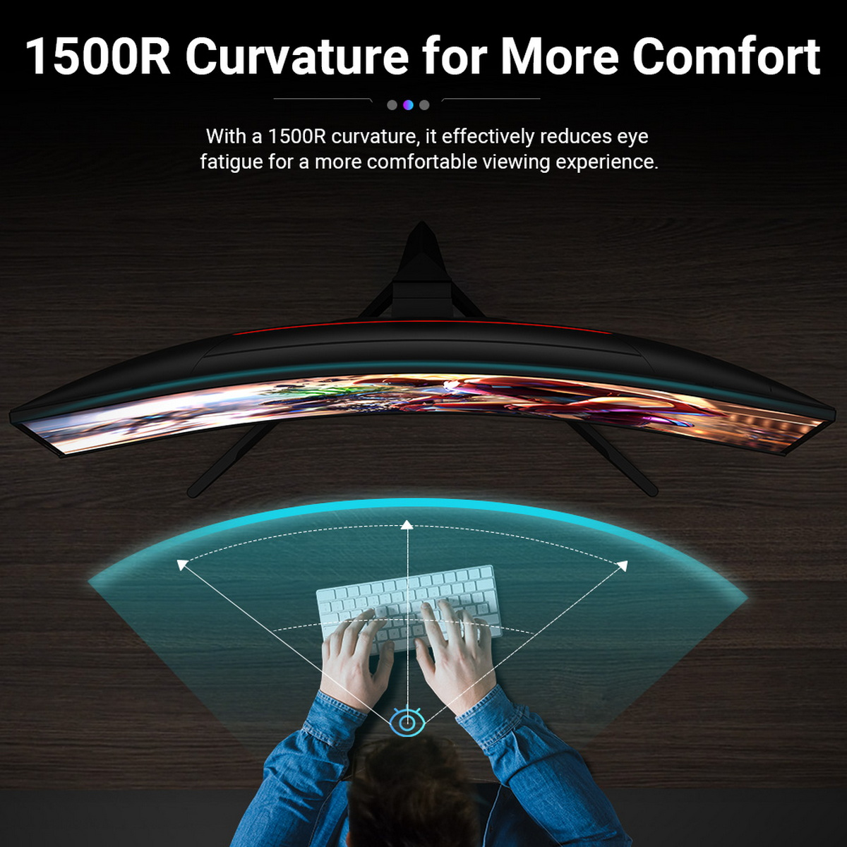 Zakrzywiony monitor pokazujący klawiaturę i dłonie z tekstem o zmęczeniu oczu.