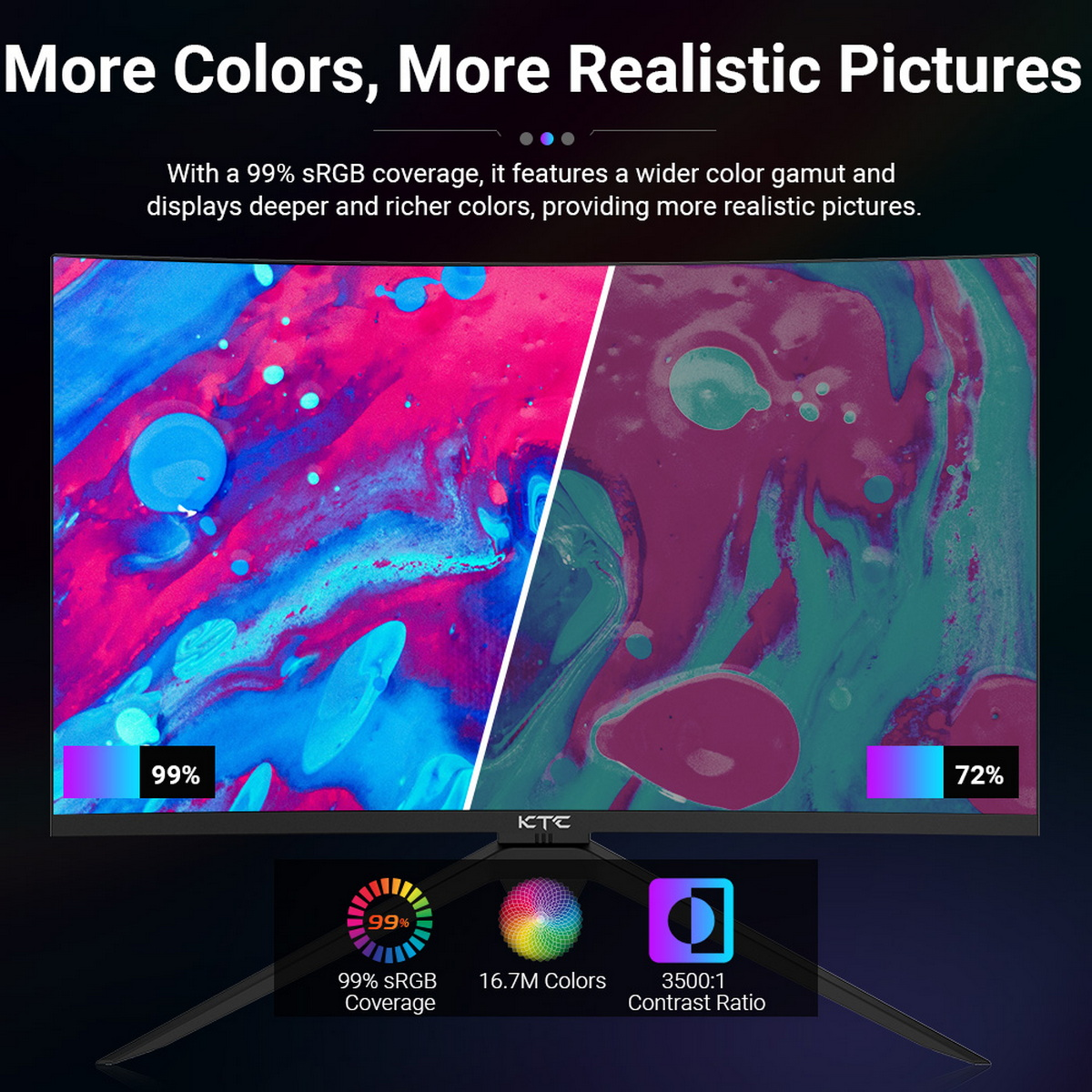 Monitor wyświetlający obraz podzielony na dwa kolory: różowy i zielony, z tekstem i ikonami.