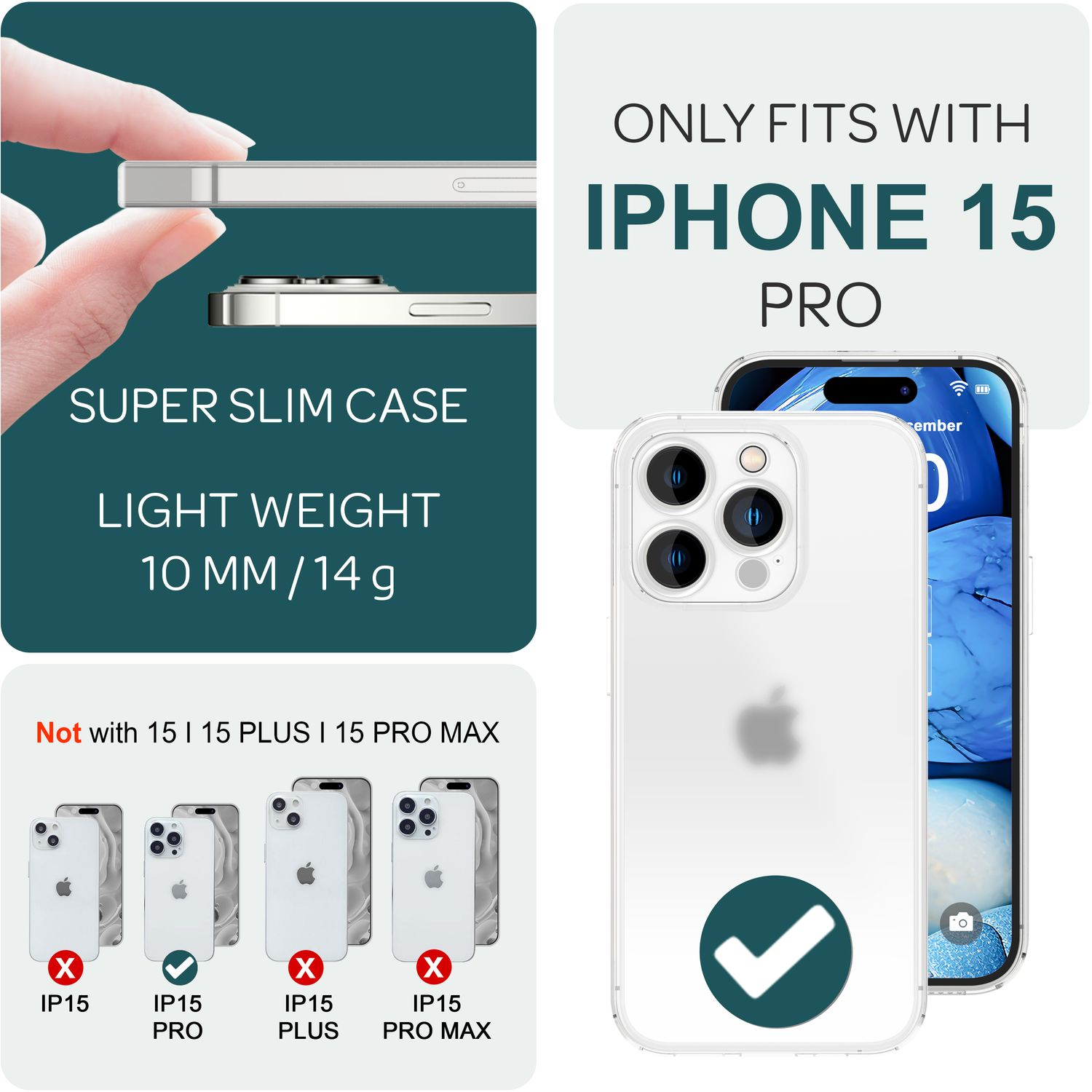 Coque pour iPhone 15 Pro avec une coche et comparaison avec des modèles similaires.