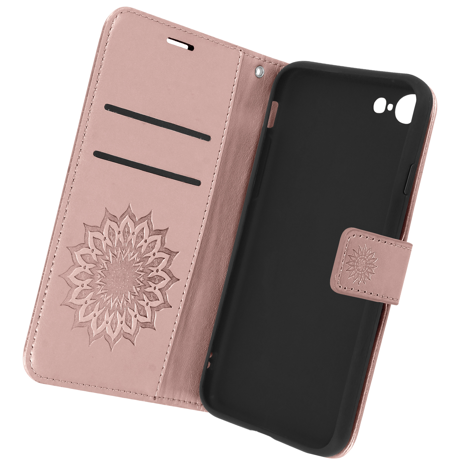 Custodia rosa per telefono con design floreale, aperta per rivelare un telefono.
