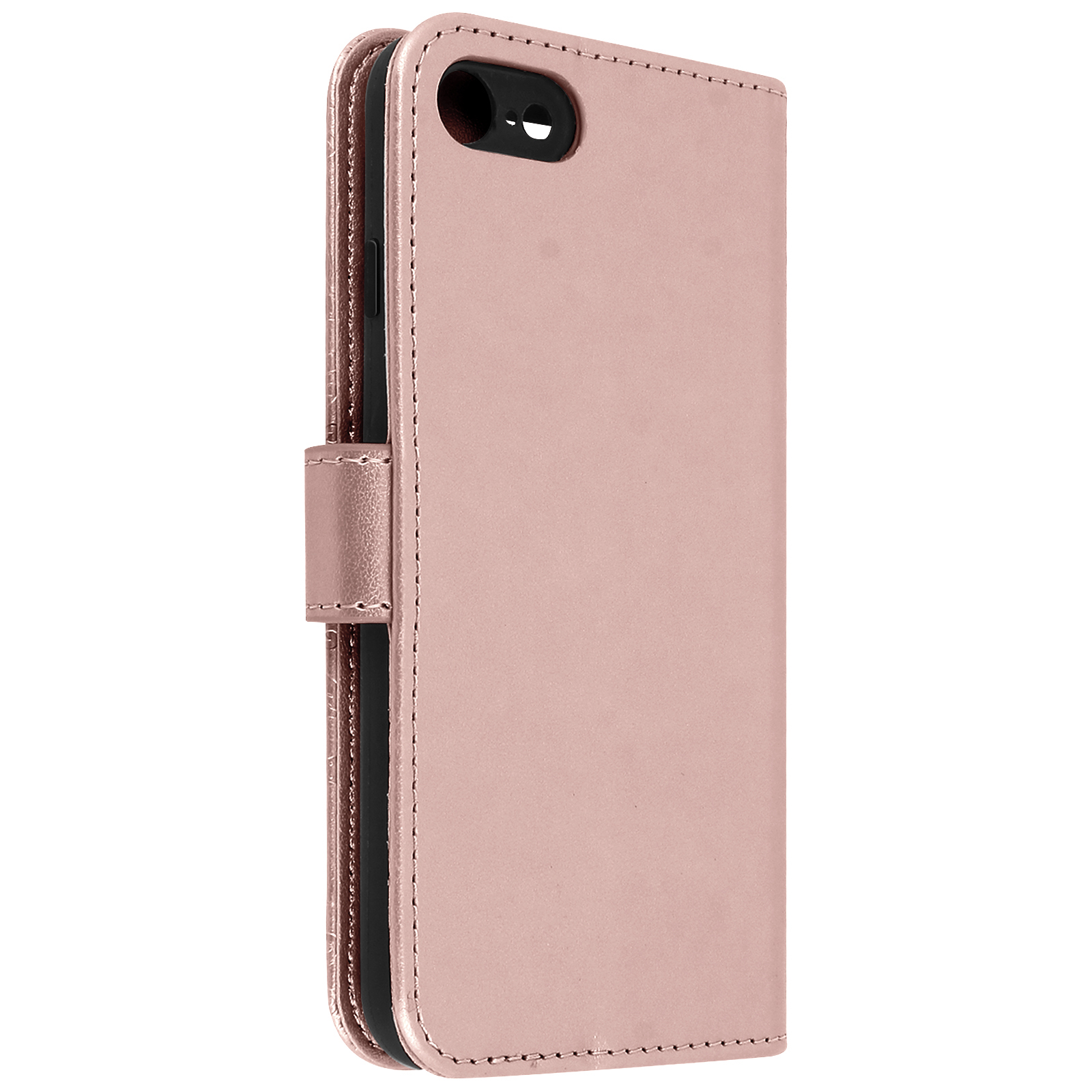 Una custodia per telefono oro rosa con chiusura magnetica, in posizione verticale.