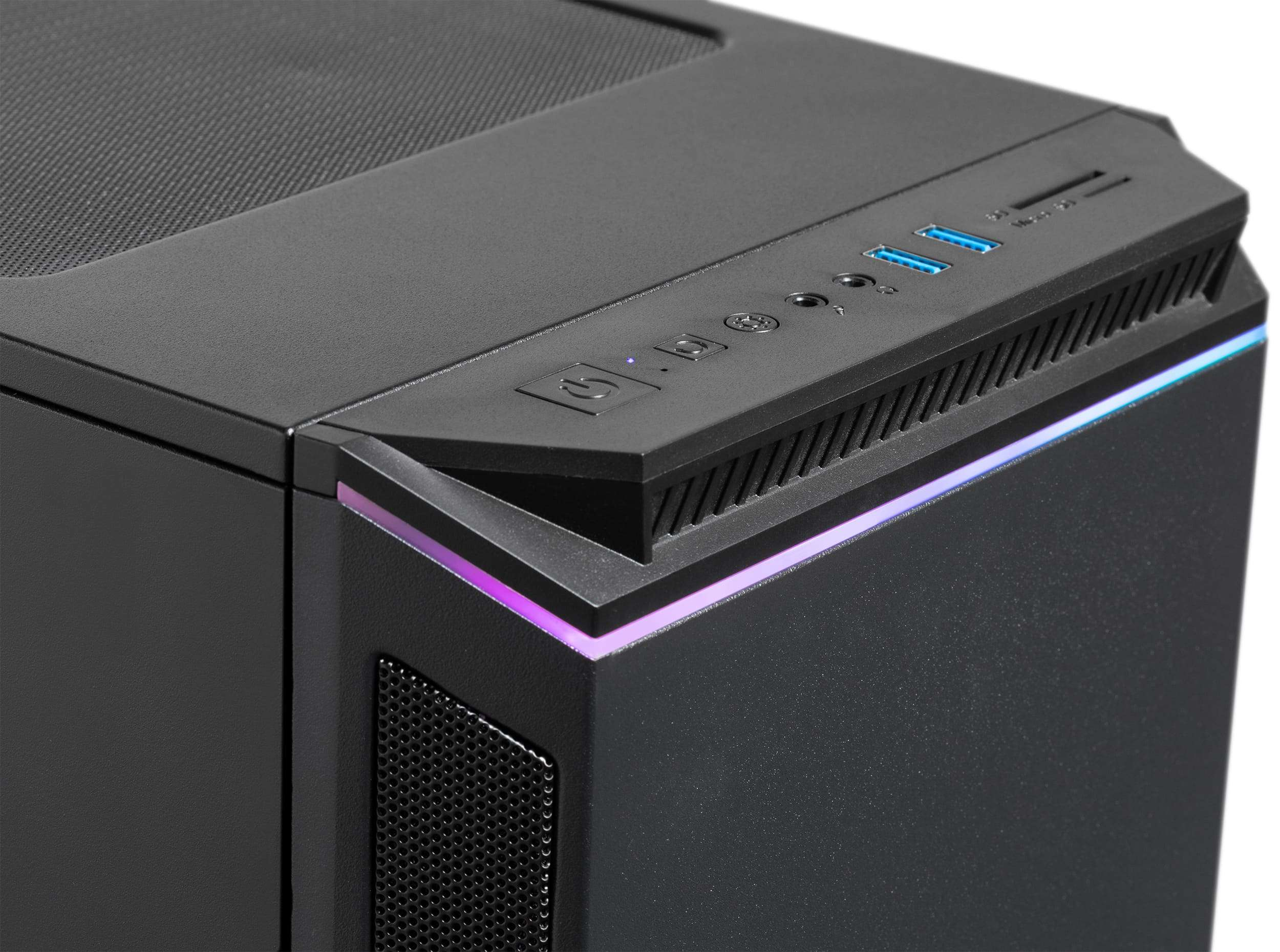 Zwart computerkastdetail met knoppen, USB-poorten en RGB-verlichting op de hoek.