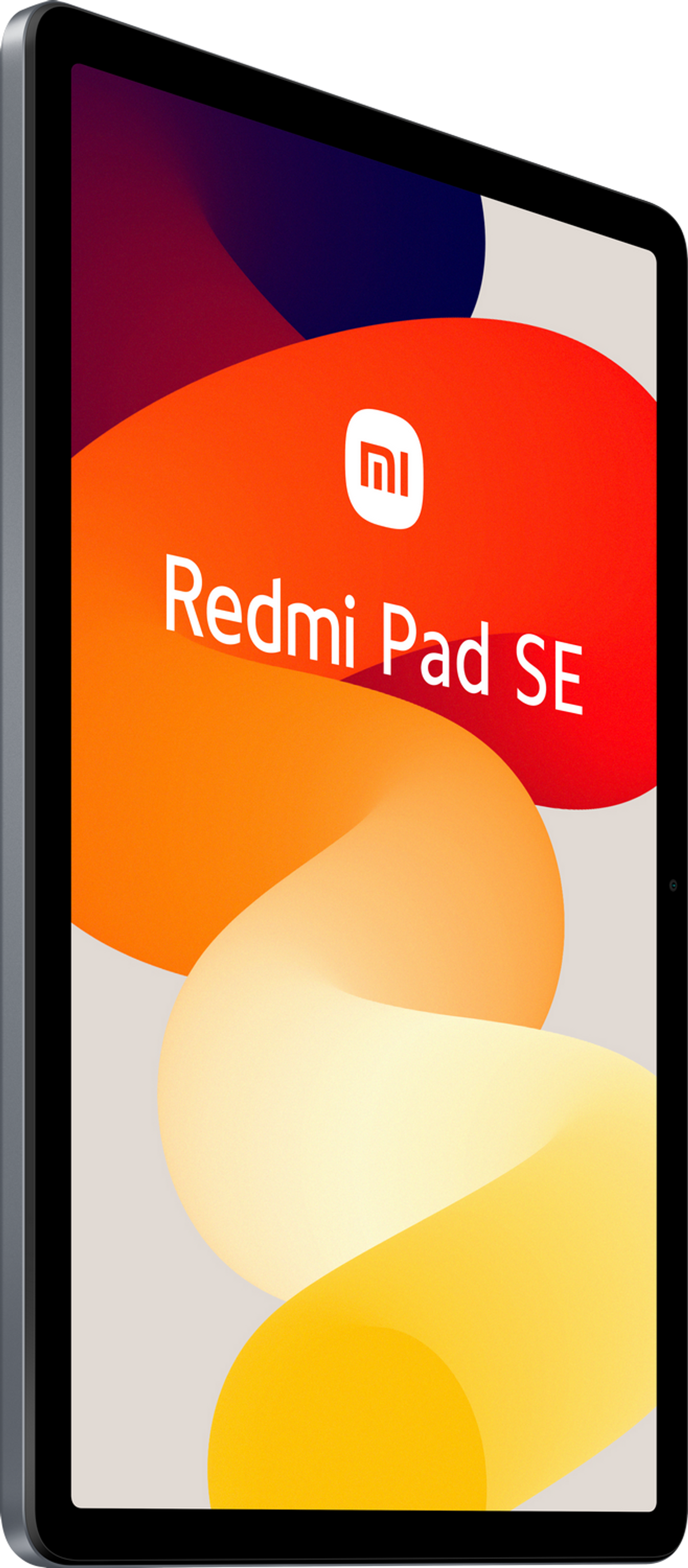 Tableta Redmi Pad SE. Fondo naranja y amarillo detrás de la tableta negra.