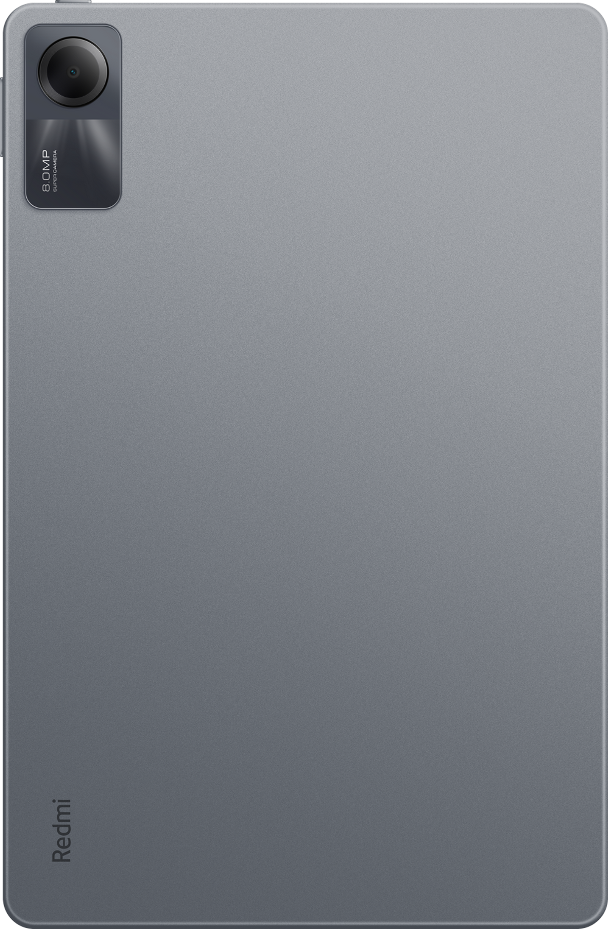 Parte trasera de tableta gris con cámara y logo. Superficie lisa y limpia.