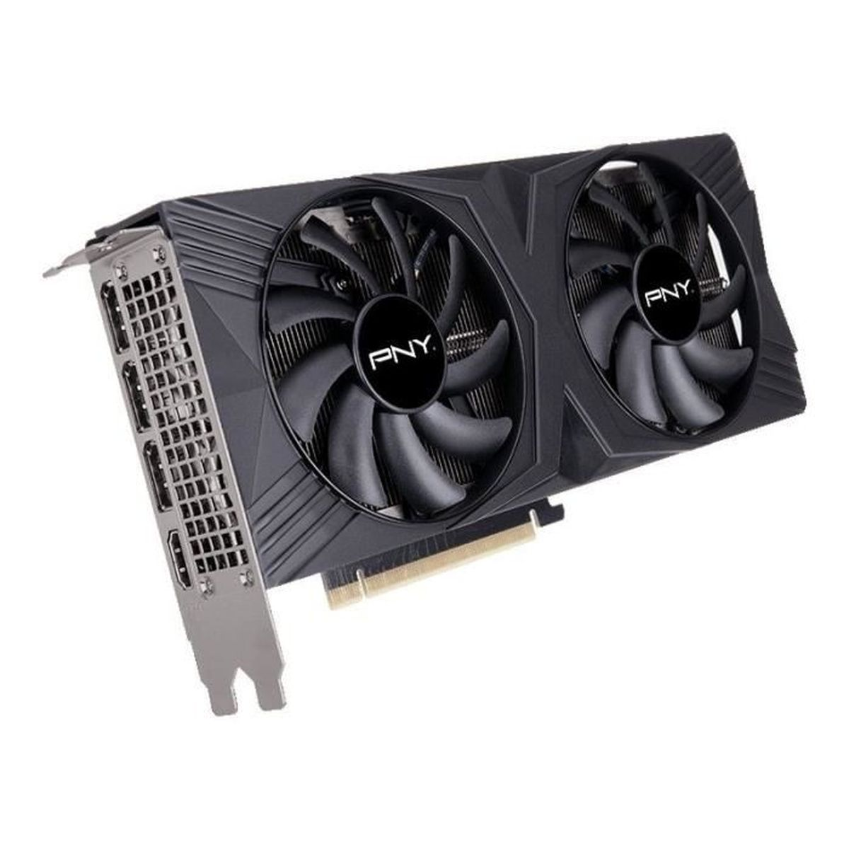 Una scheda grafica PNY nera con due ventole, progettata per il gaming ad alte prestazioni.