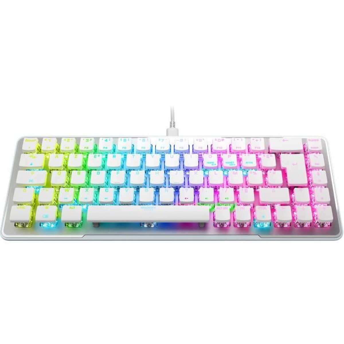 Una tastiera bianca con illuminazione RGB, con molti tasti e un cavo bianco.