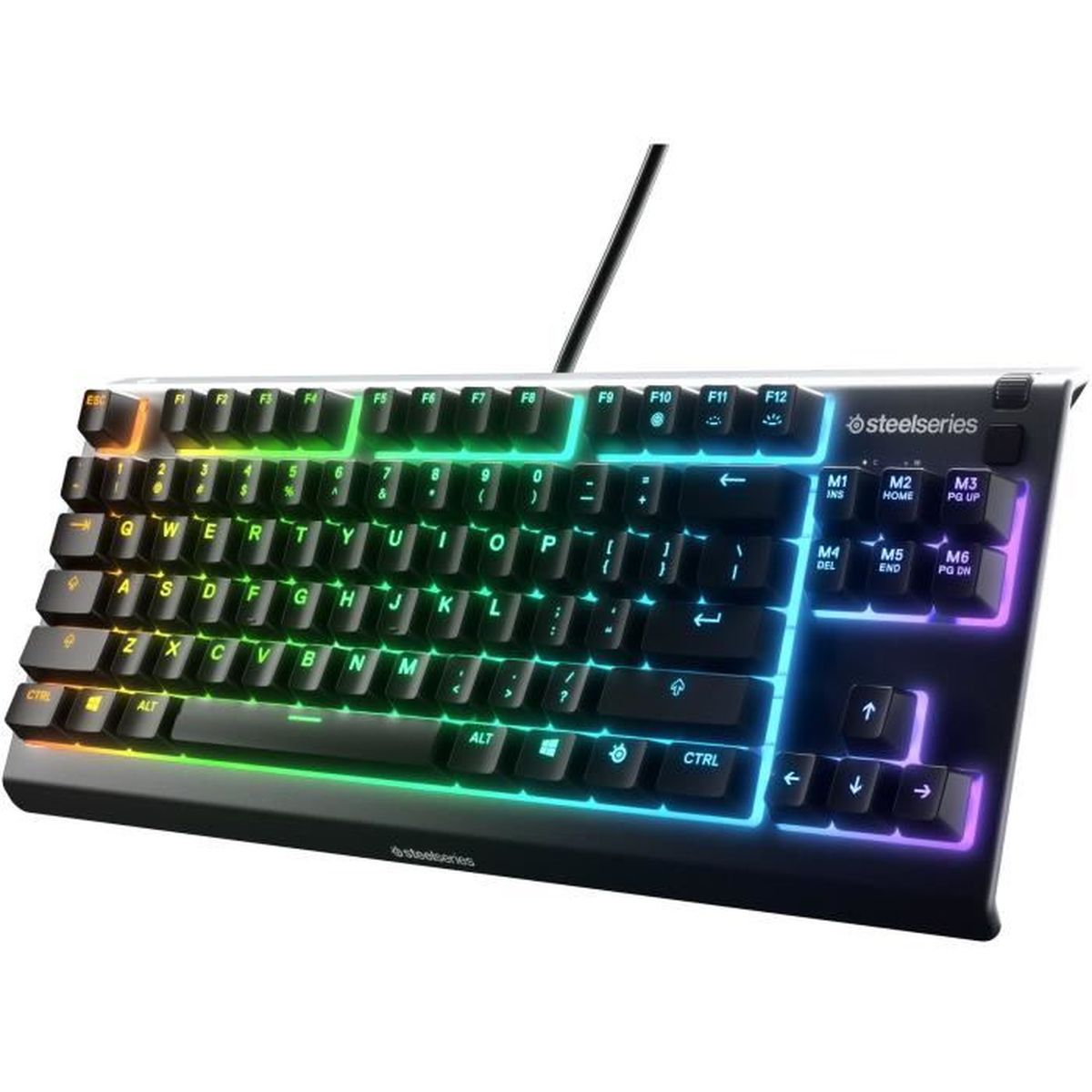 Klawiatura SteelSeries z podświetleniem RGB. Klawisze są podświetlane różnymi kolorami.