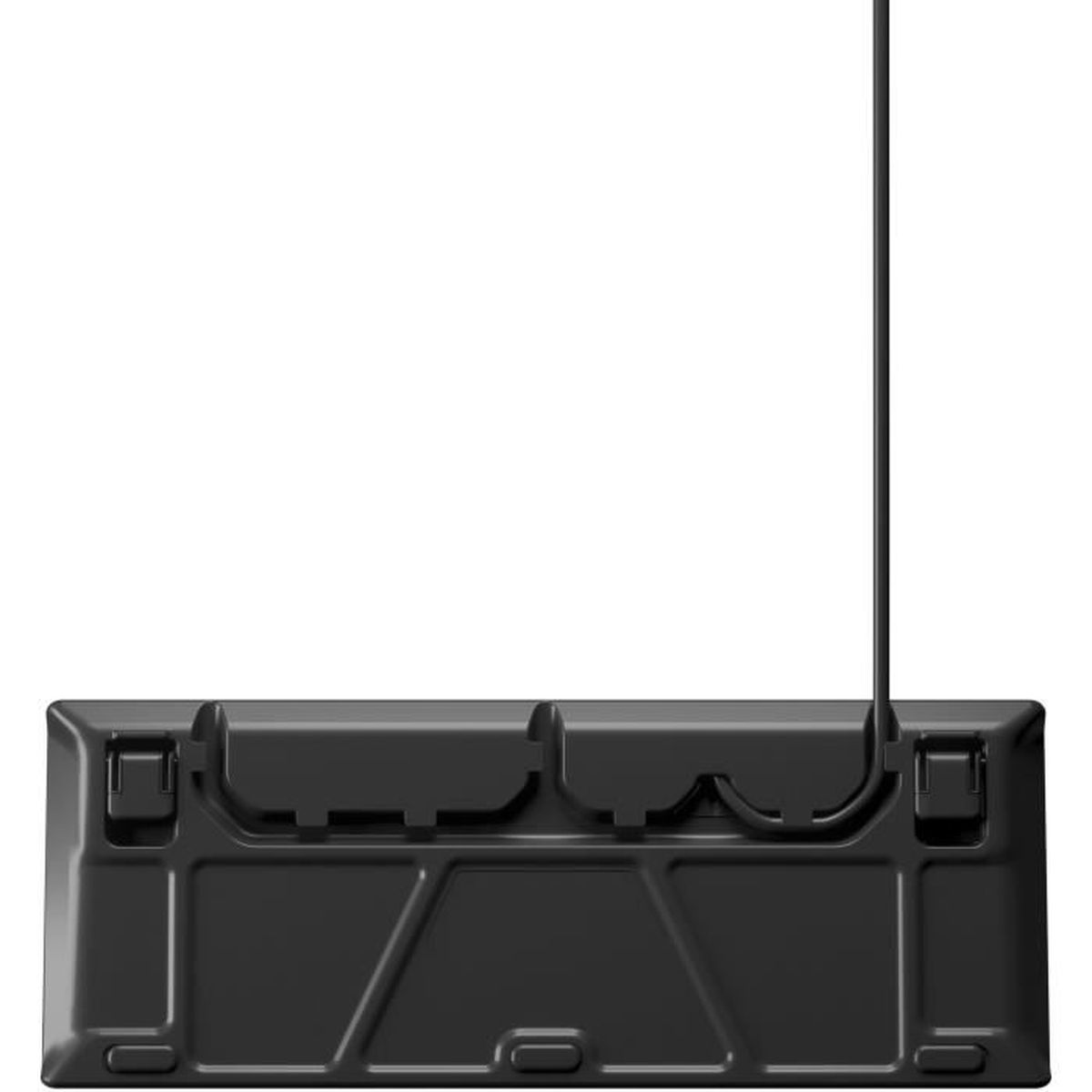 Widok od spodu czarnej klawiatury z kablem wychodzącym w górę, na białym tle.