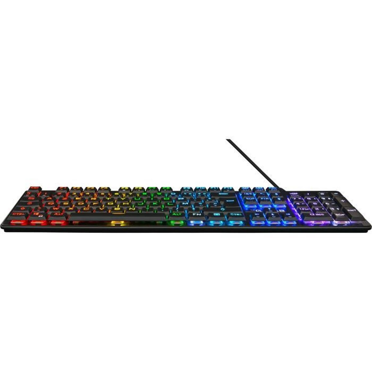 Tastiera gaming RGB nera con tasti retroilluminati colorati, vista dall'alto.
