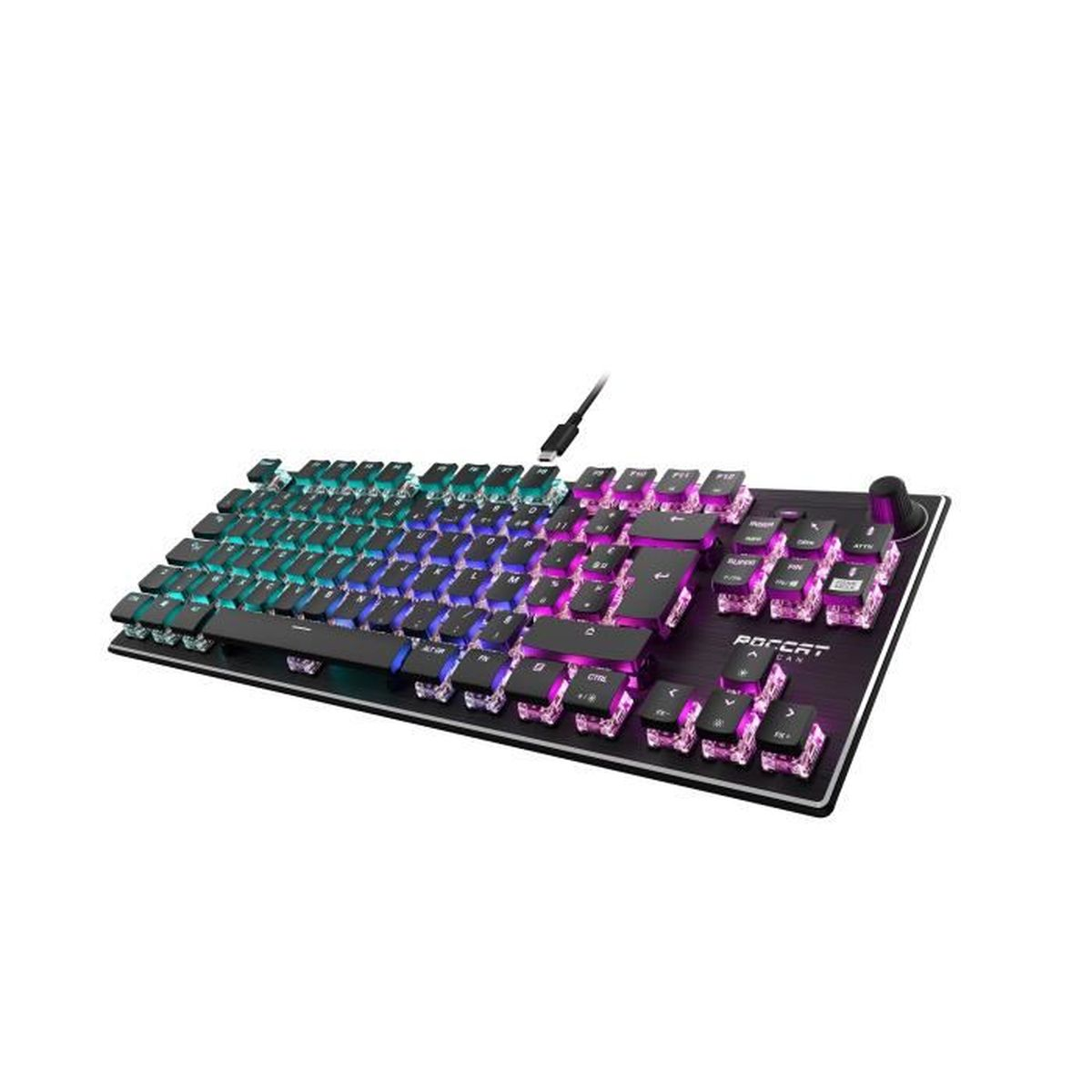 Una tastiera da gioco con illuminazione RGB. I tasti sono neri e il telaio è nero. Il marchio è Roccat.