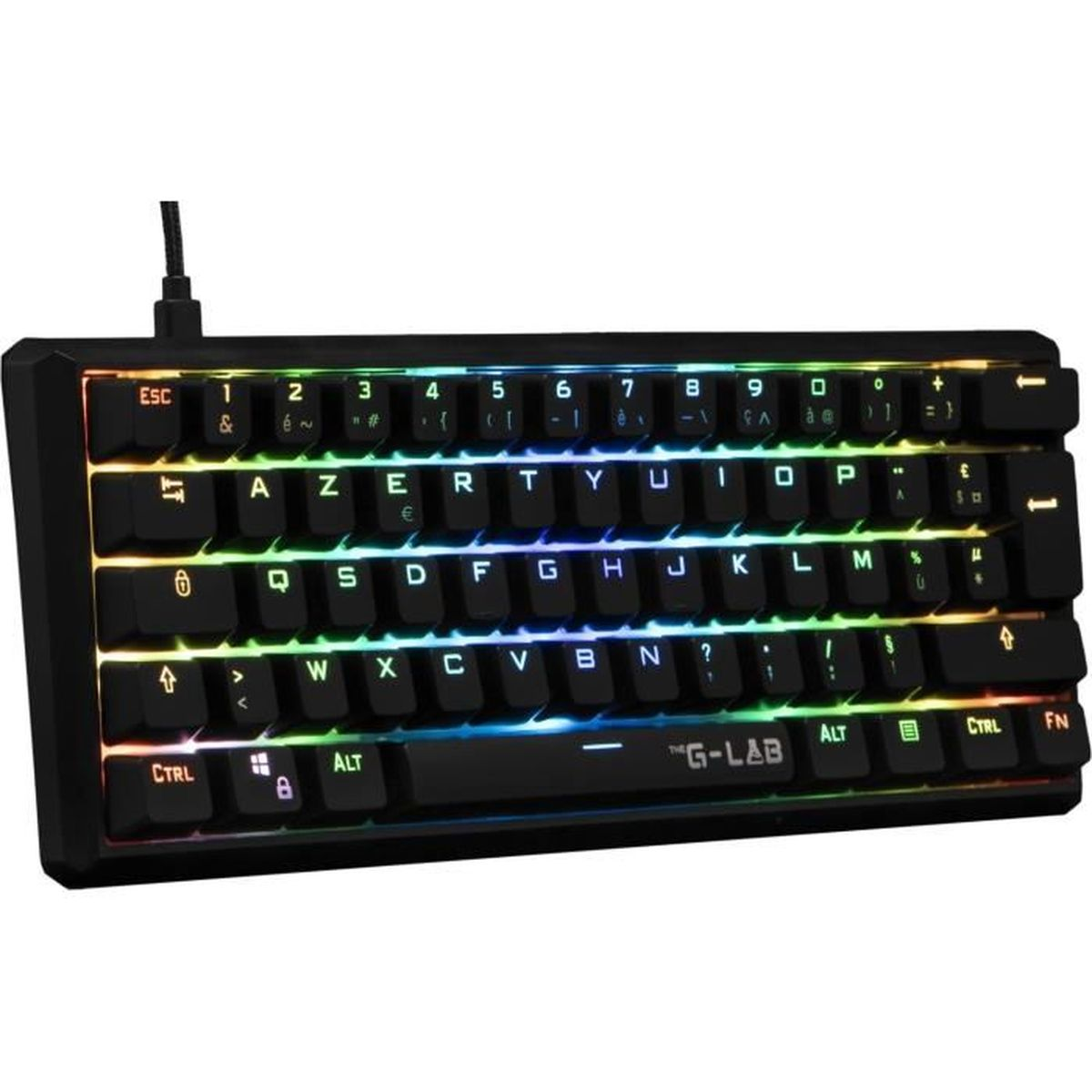 Tastiera meccanica nera con tasti arcobaleno, cornice nera e cavo di collegamento.