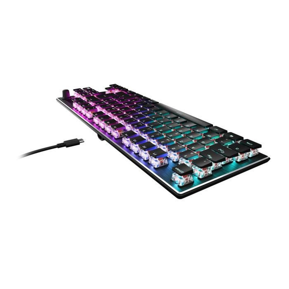 Una tastiera meccanica nera con luci RGB e un cavo USB.