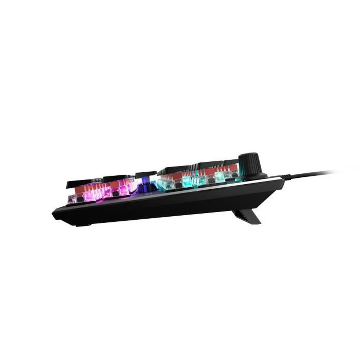 Una tastiera da gioco con illuminazione RGB e design nero.