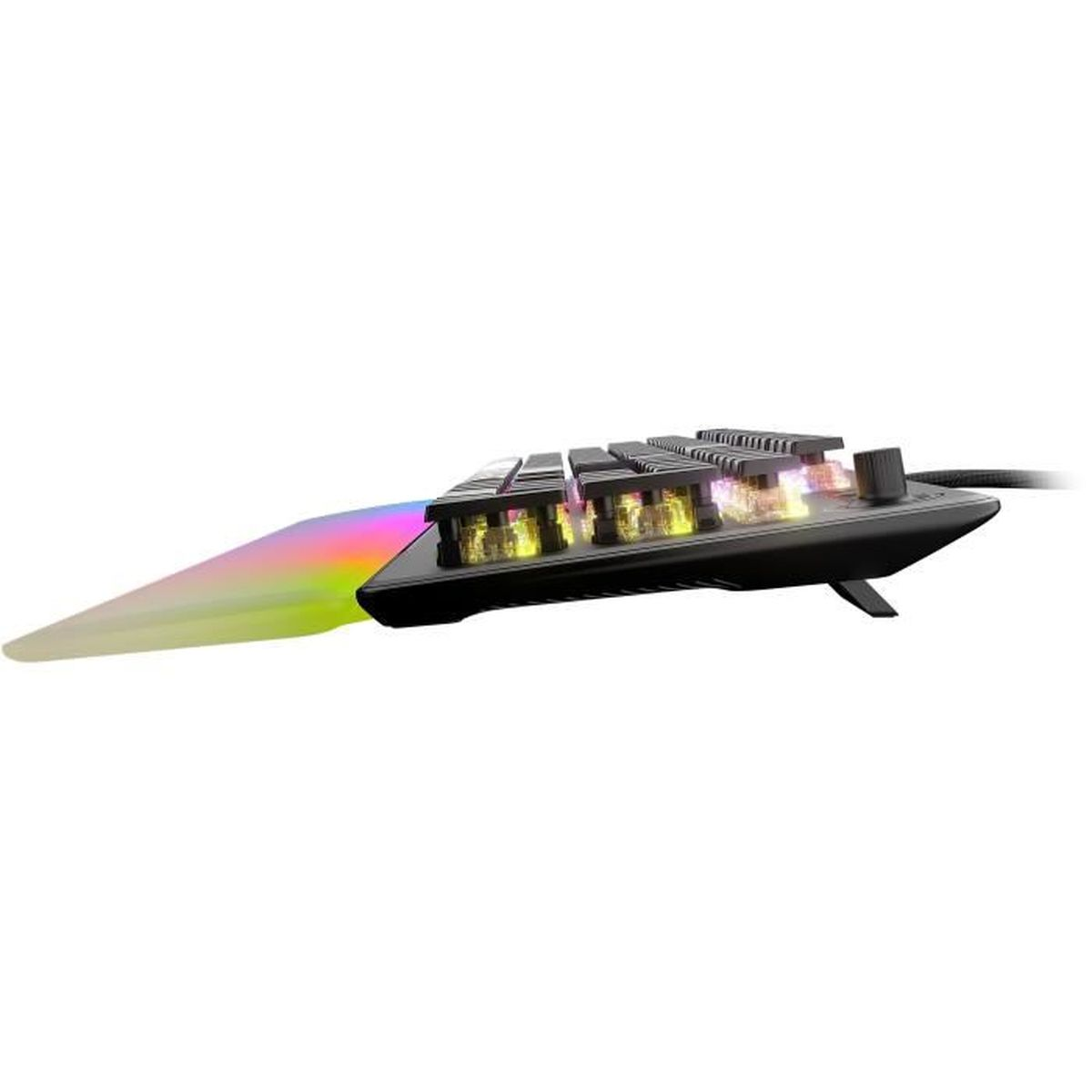Czarna klawiatura dla graczy z tęczowym światłem, widok z boku.