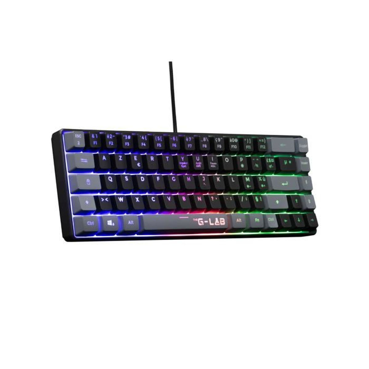 Un teclado compacto, negro y gris con teclas de colores arcoíris y fondo blanco.