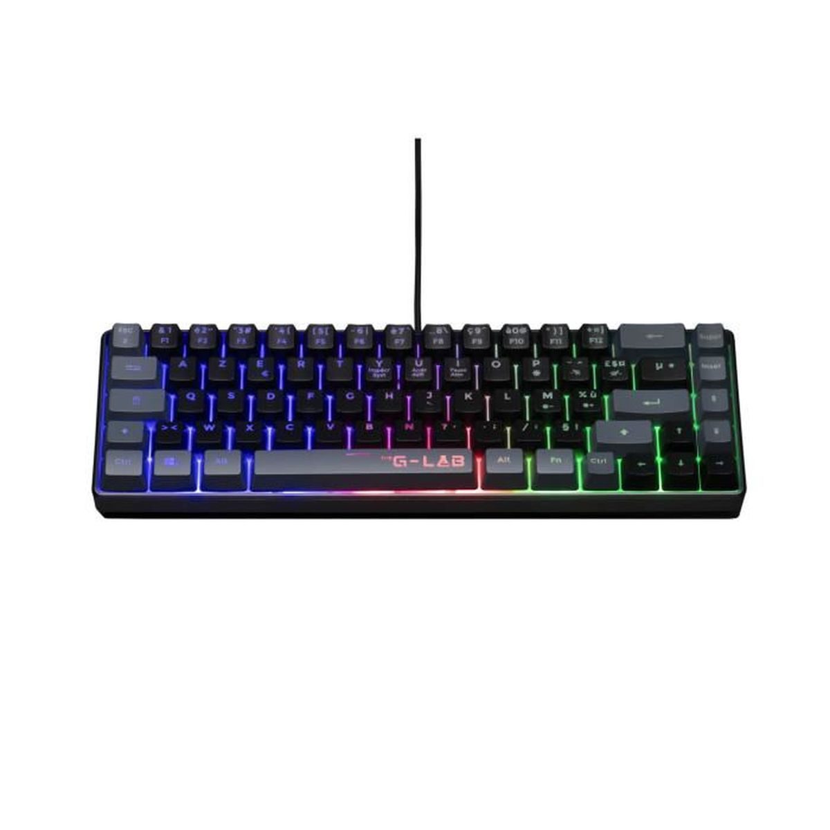 Teclado negro con luces RGB. Teclas en diseño QWERTY. Conexión por cable. Marca G-Lab en la parte inferior.