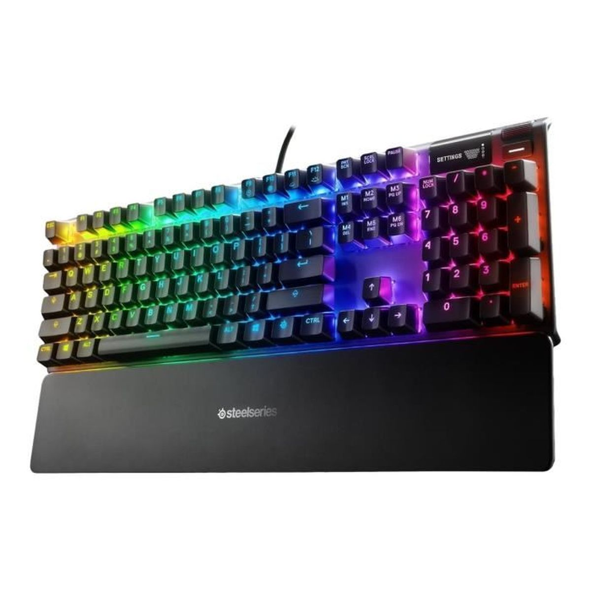 Klawiatura SteelSeries podświetlana RGB z czarną podpórką pod nadgarstek, wyświetlająca różne kolory.