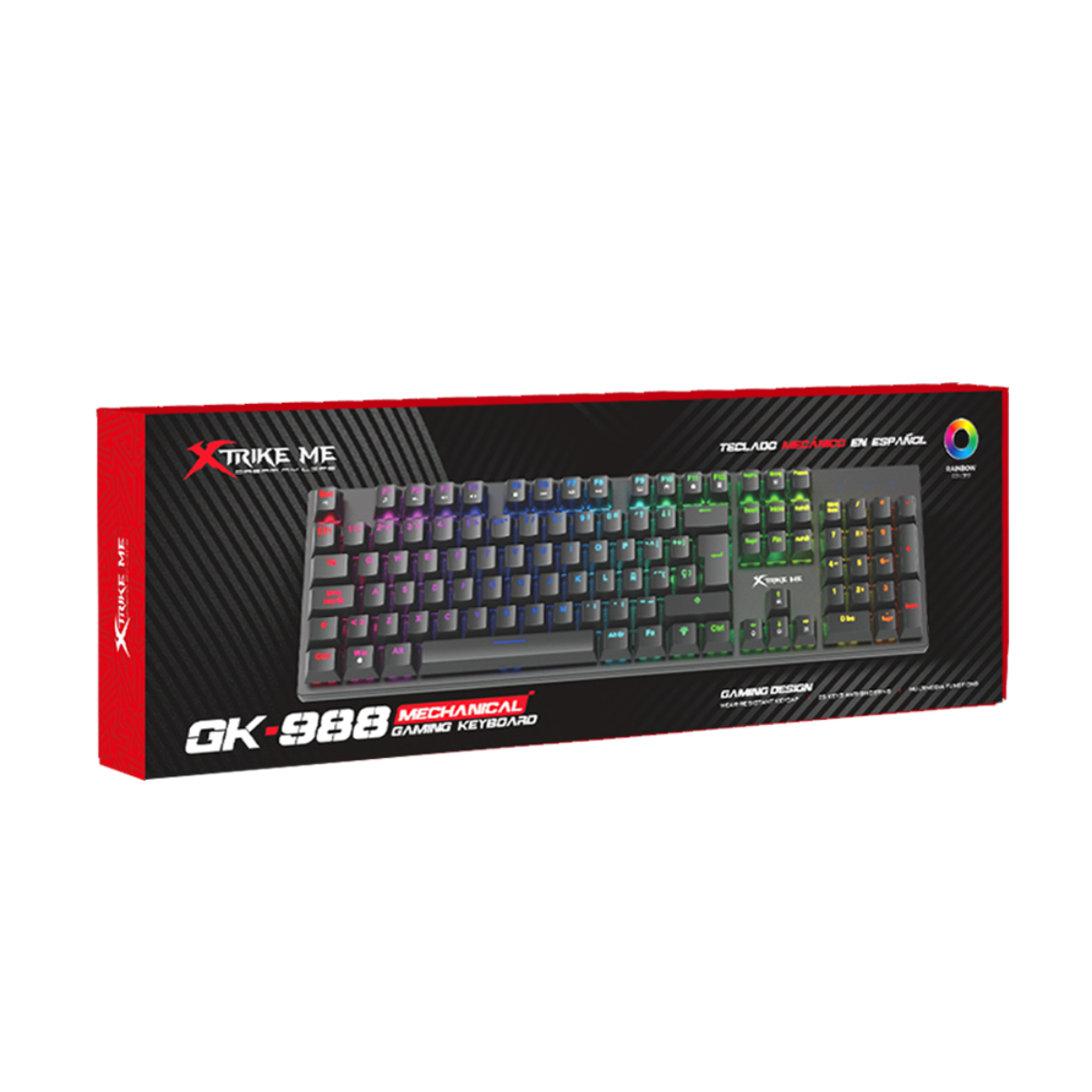 Teclado en caja. Negro con teclas coloridas, la caja tiene texto y un logo.