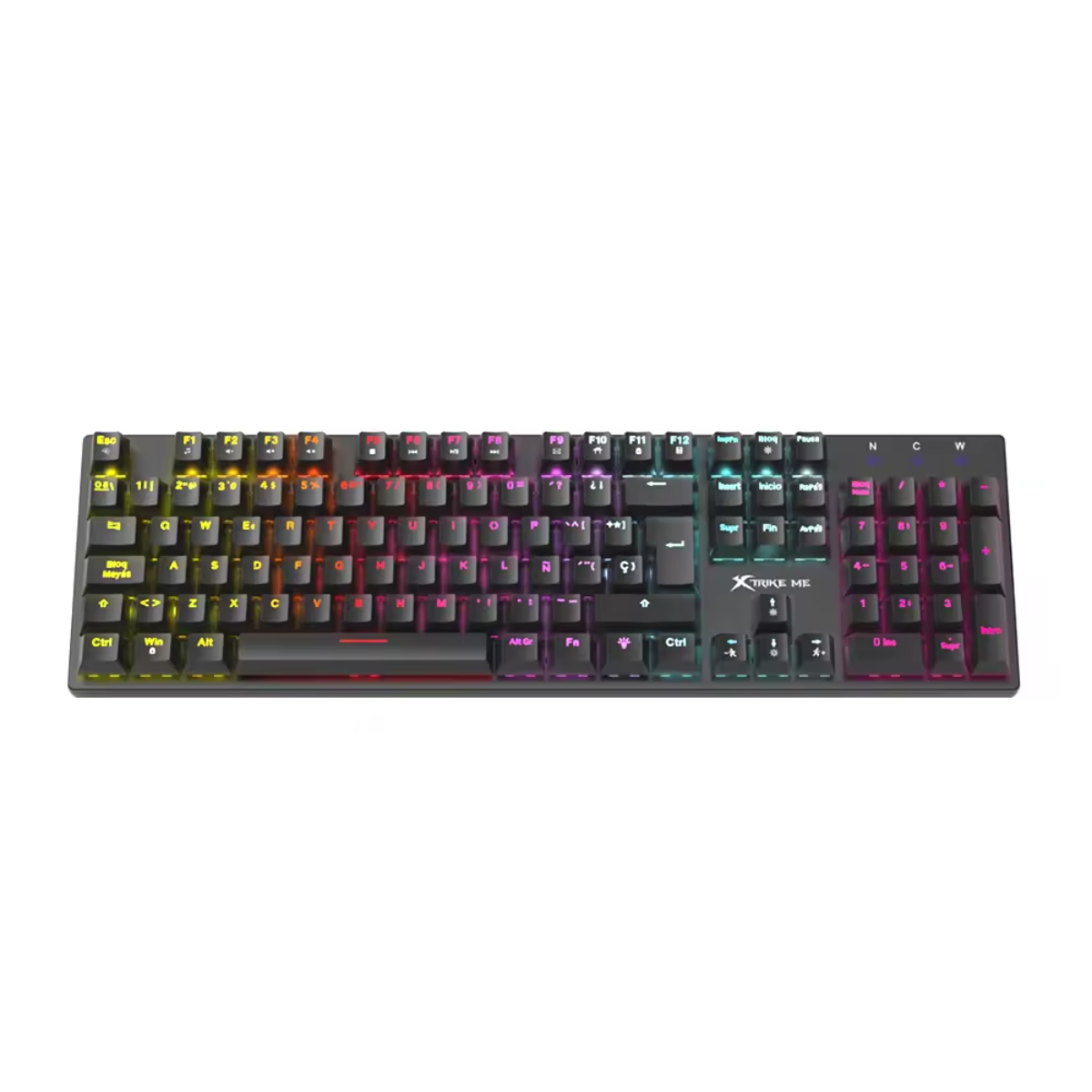 Un teclado negro con teclas coloridas. El teclado está iluminado con varios colores.