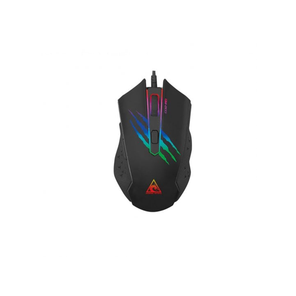 Ratón gaming negro con diseño colorido. El ratón tiene un logo triangular y un botón rojo.