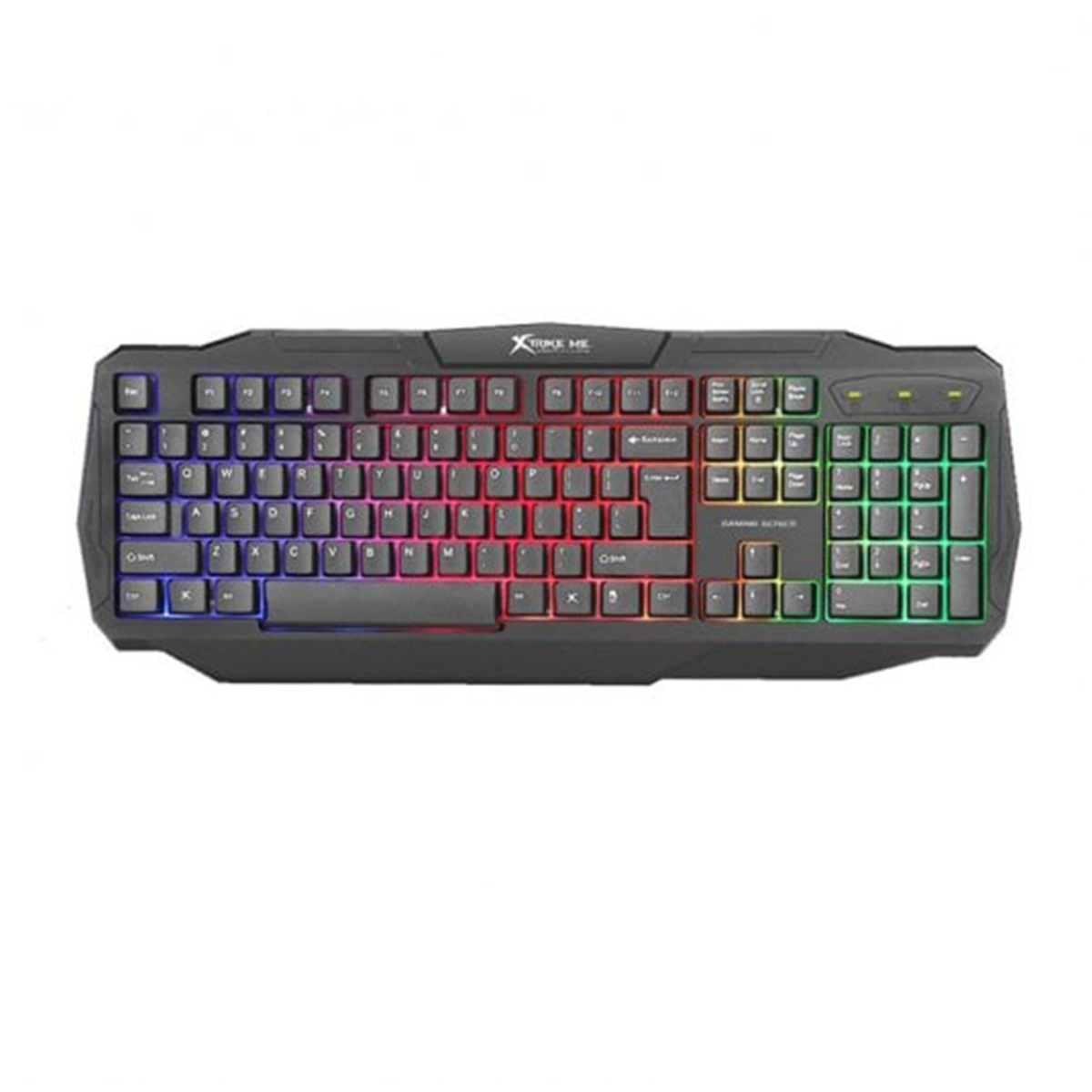Teclado gaming negro con luces RGB, muchas teclas. La marca es XTREME HE.