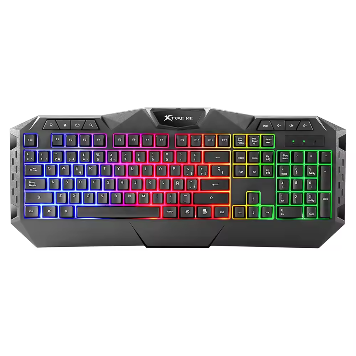 Teclado negro con teclas de colores del arcoíris. Es un teclado para juegos con un diseño único.