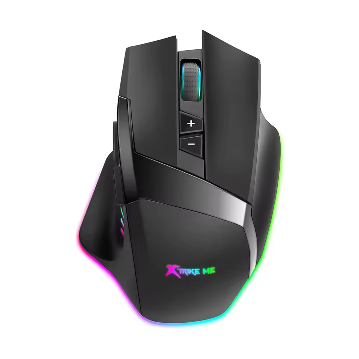Ratón gaming negro con botones, una rueda de desplazamiento y luces de colores. El logo es visible.