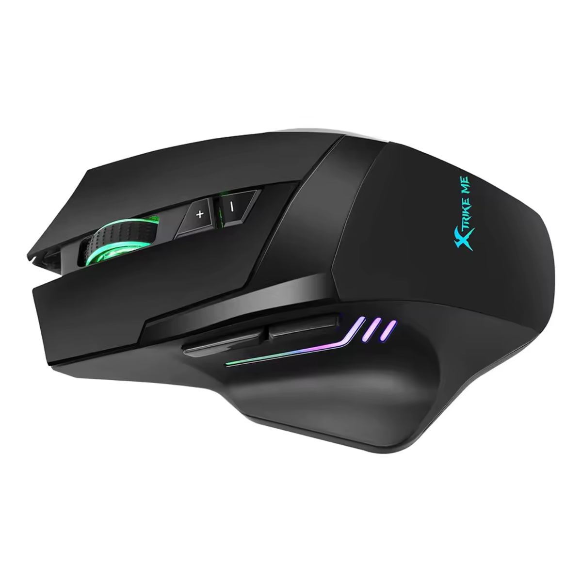 Ratón gaming negro con múltiples botones, rueda de desplazamiento iluminada en verde y detalles azules.