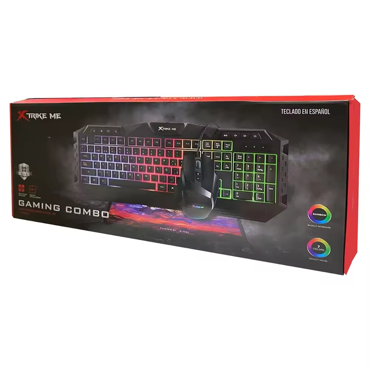 Caja combo gaming con teclado y ratón. El teclado tiene retroiluminación arcoíris.