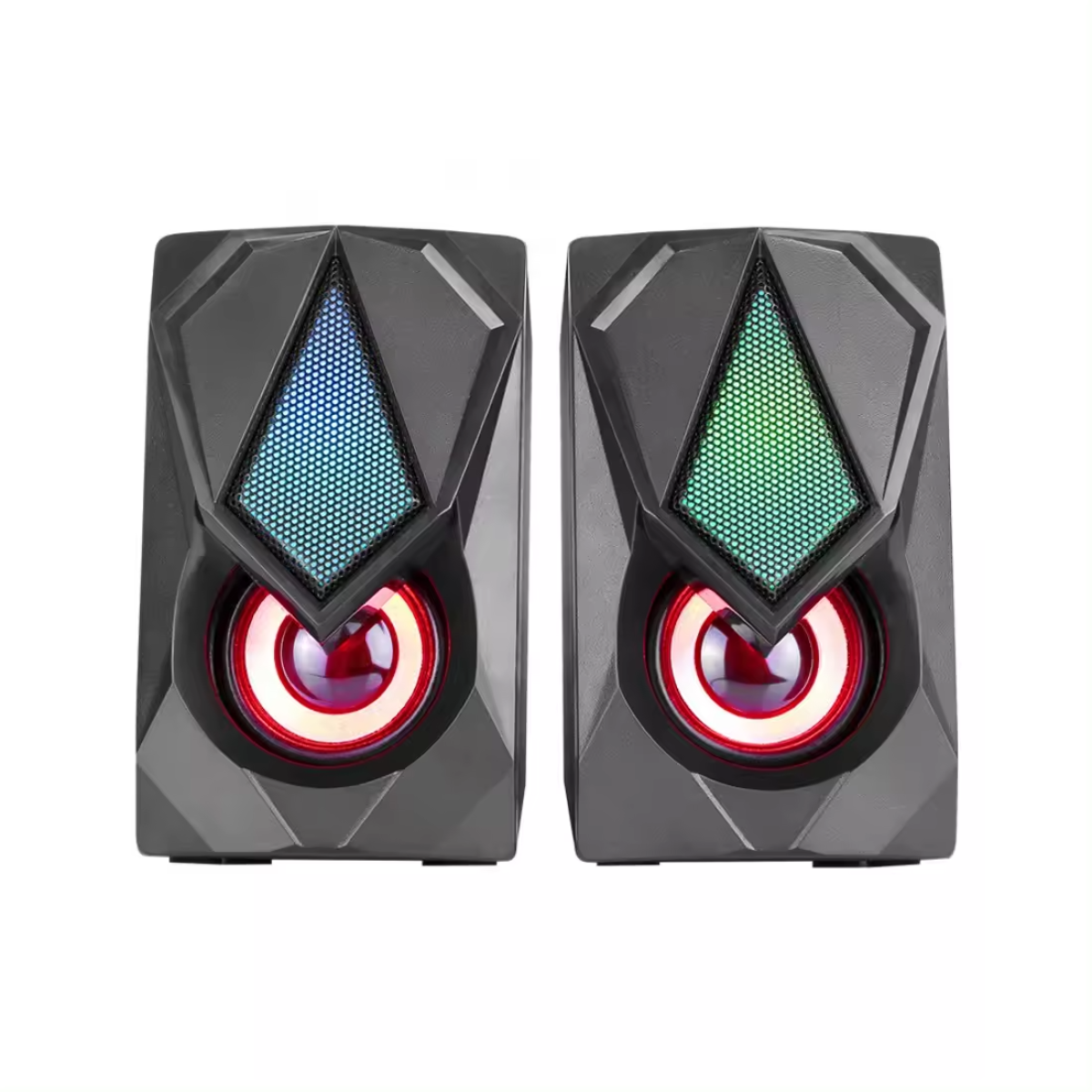 Dos altavoces negros con luces rojas y azules. Los altavoces tienen un diseño en forma de diamante y círculos rojos.
