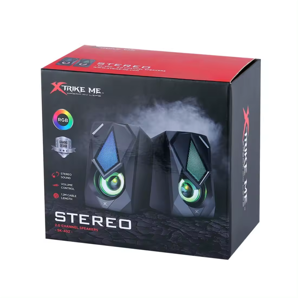 Caja con dos altavoces negros. La caja es roja con las palabras 'STEREO' y 'X-TRIKE ME'.