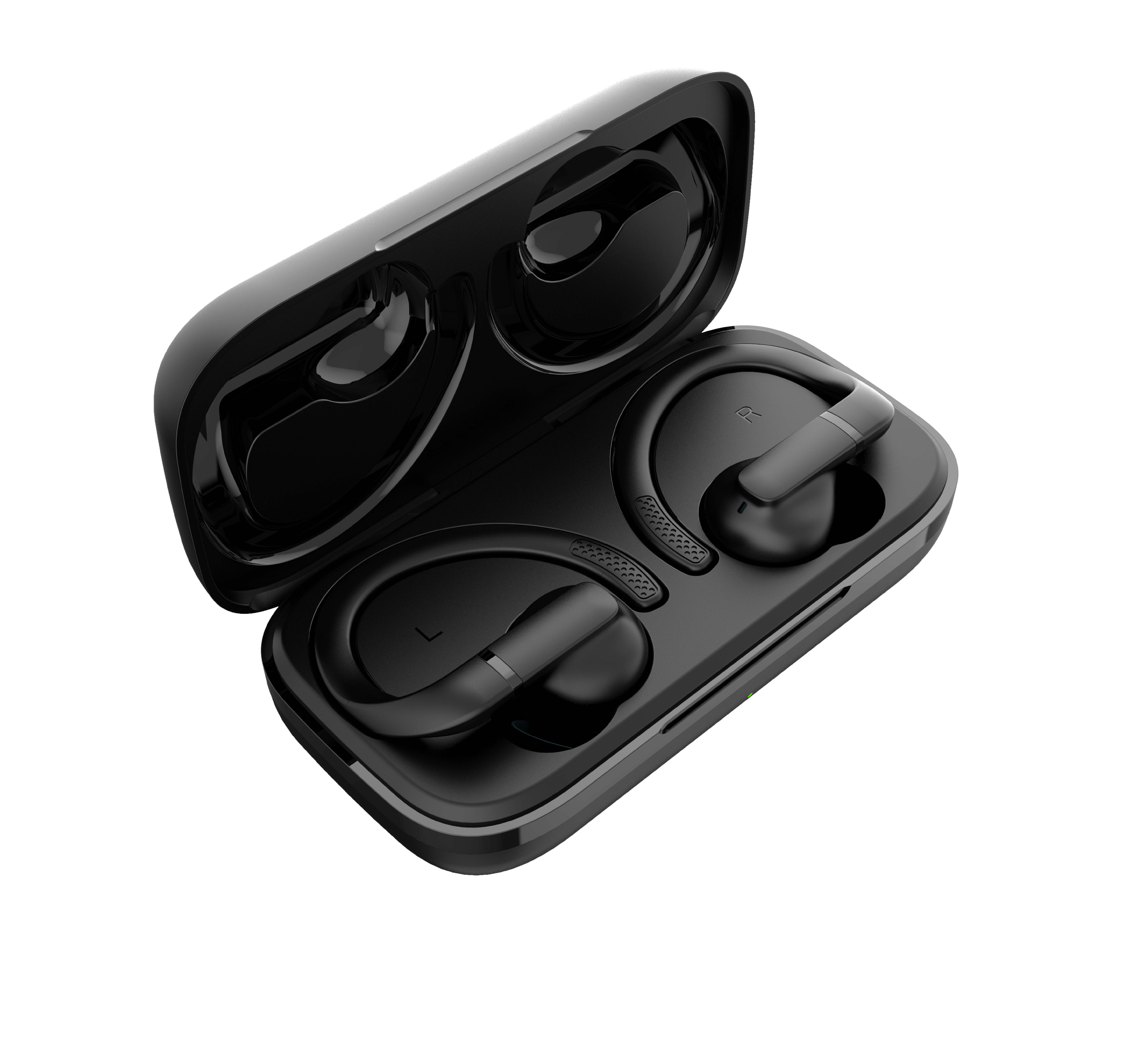 Auricolari wireless neri in una custodia di ricarica aperta. La custodia ha un coperchio e slot.