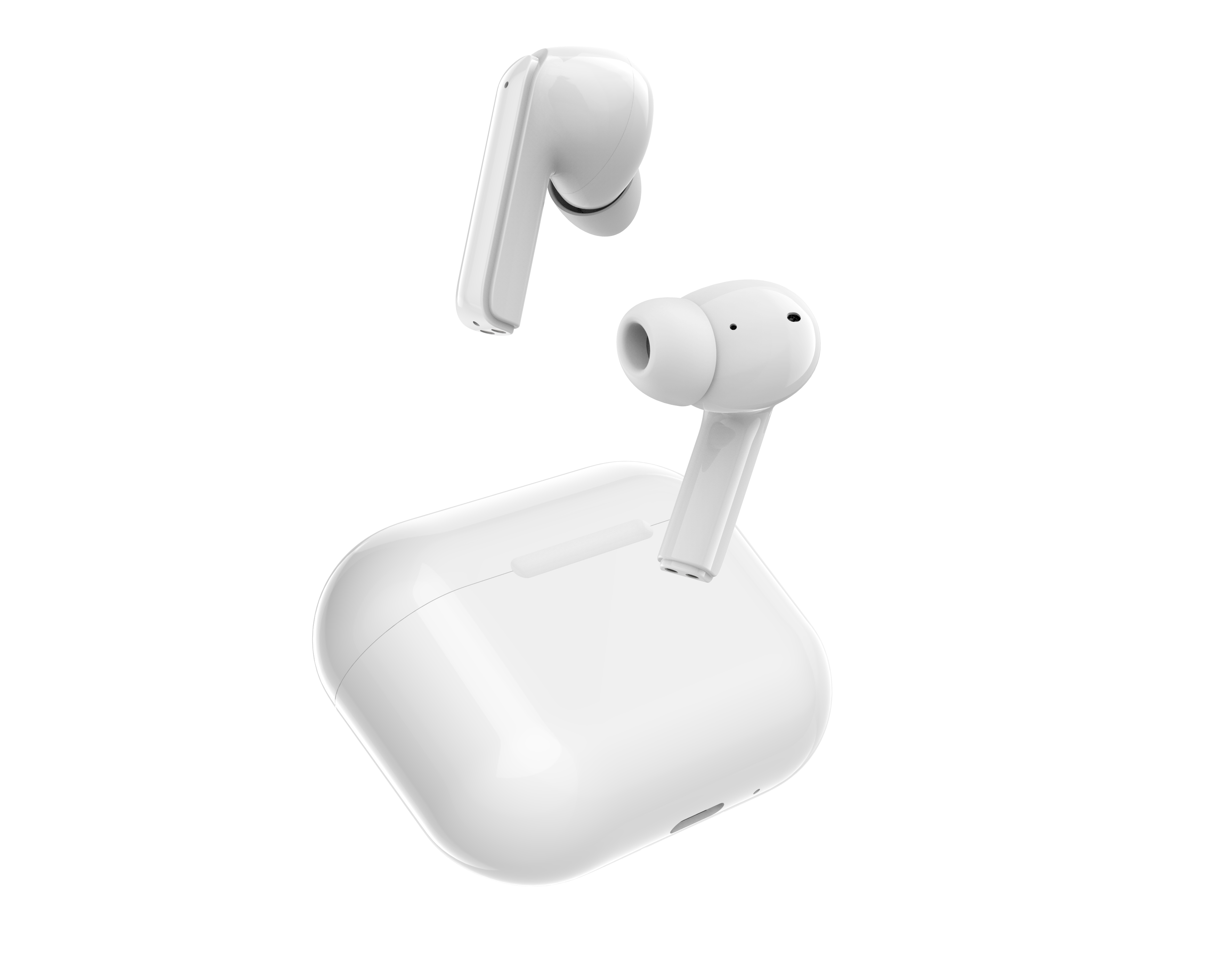 Auricolari wireless bianchi e custodia di ricarica isolati su sfondo bianco.