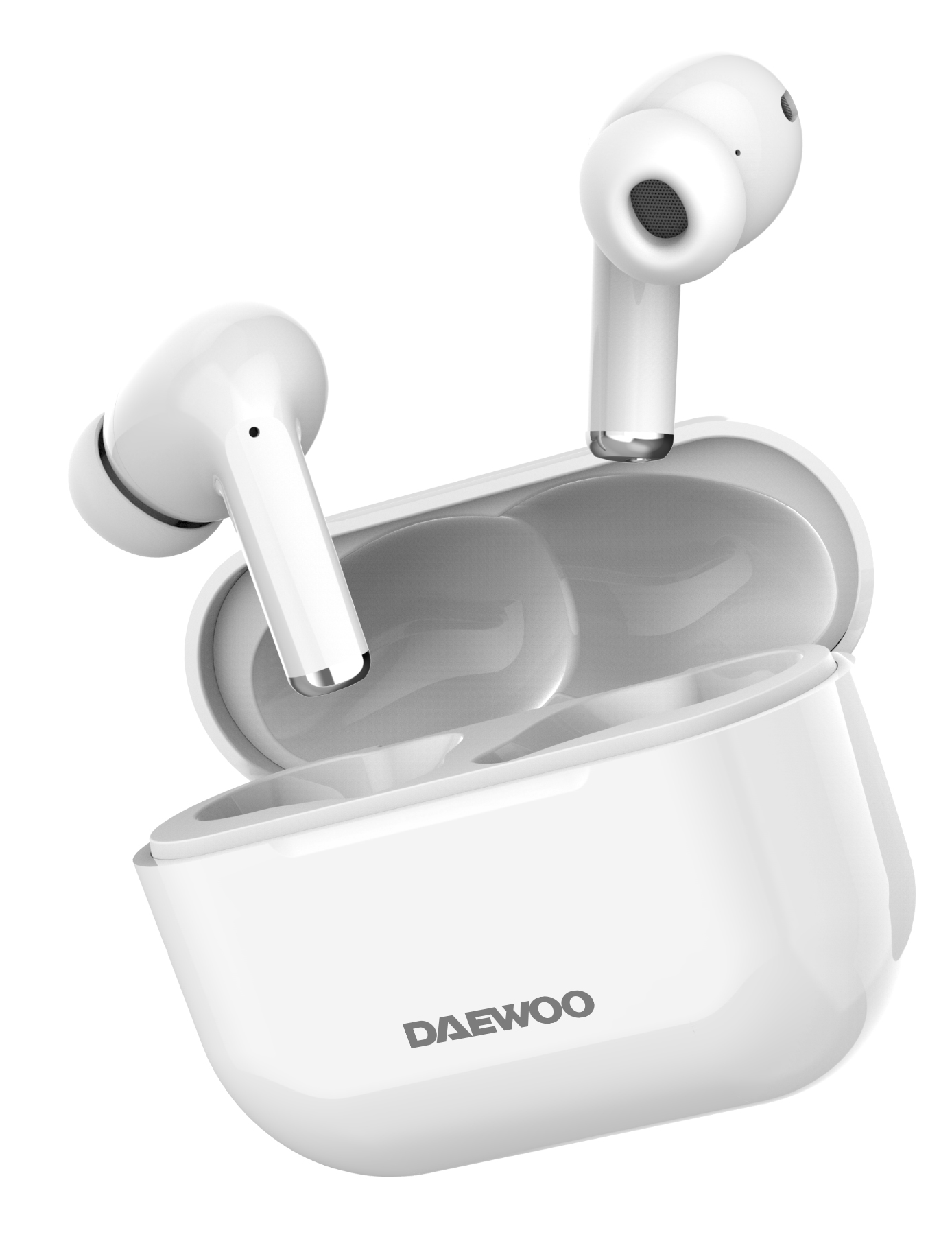 Un paio di auricolari wireless bianchi e la loro custodia di ricarica, con il marchio 'DAEWOO'.