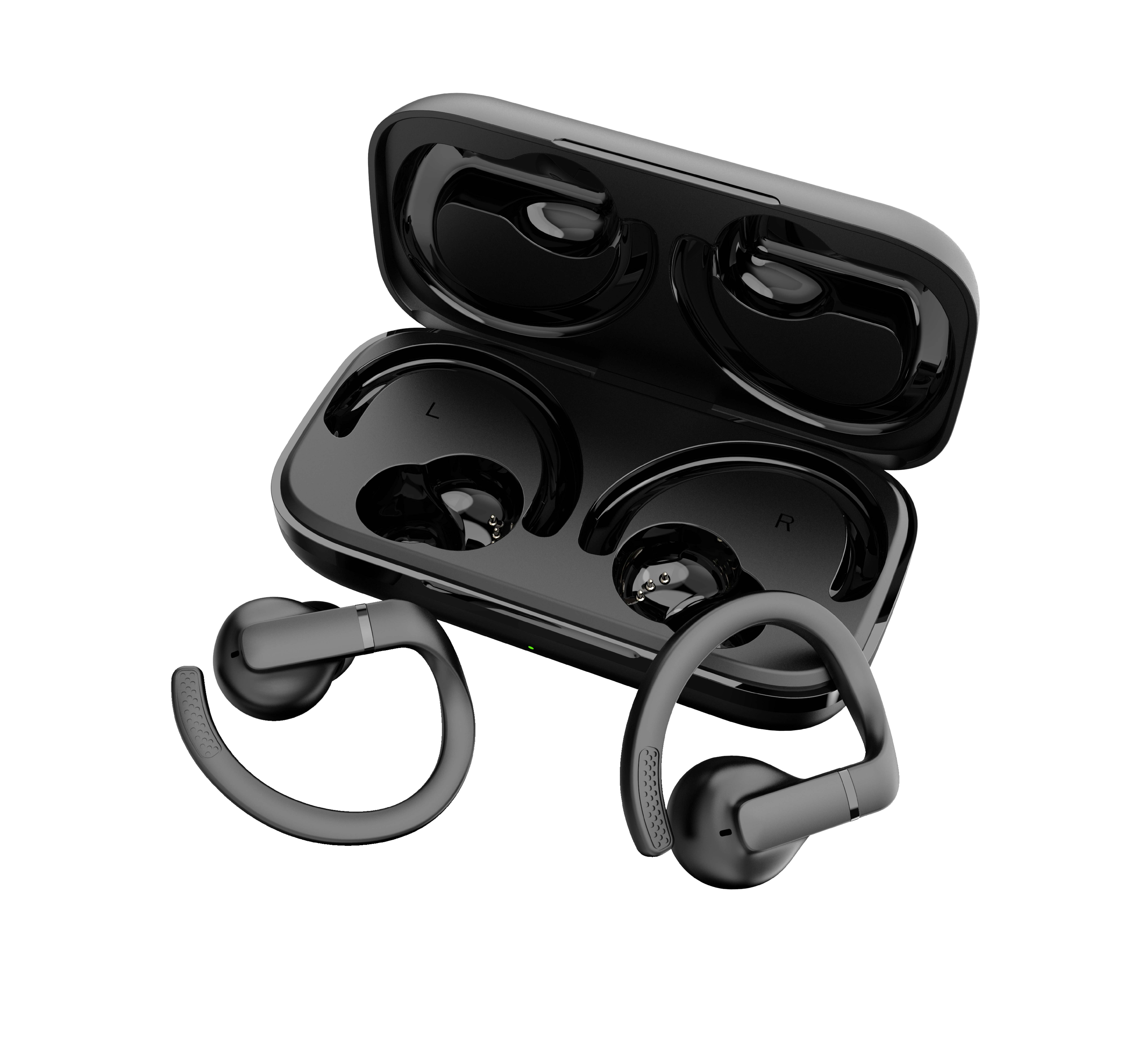 Auricolari wireless neri in una custodia di ricarica nera. Gli auricolari hanno una forma curva.