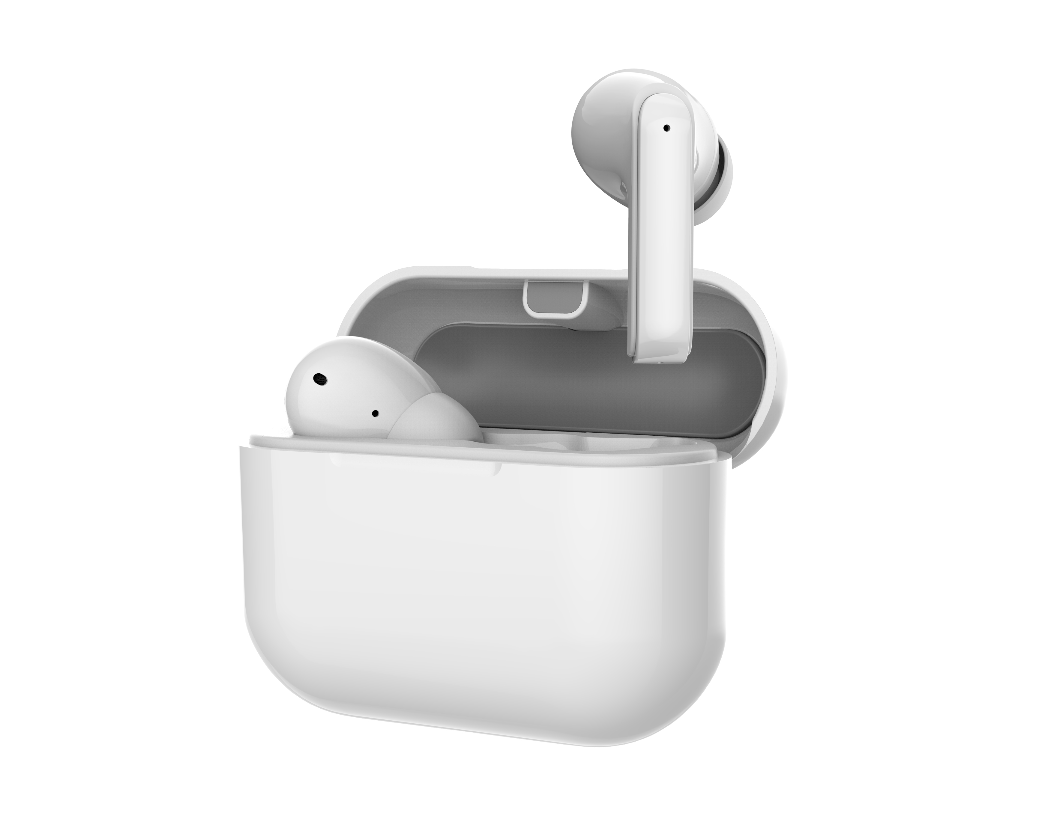 Auricolari bianchi e custodia di ricarica. Un auricolare è fuori dalla custodia, mostrando l'interno.