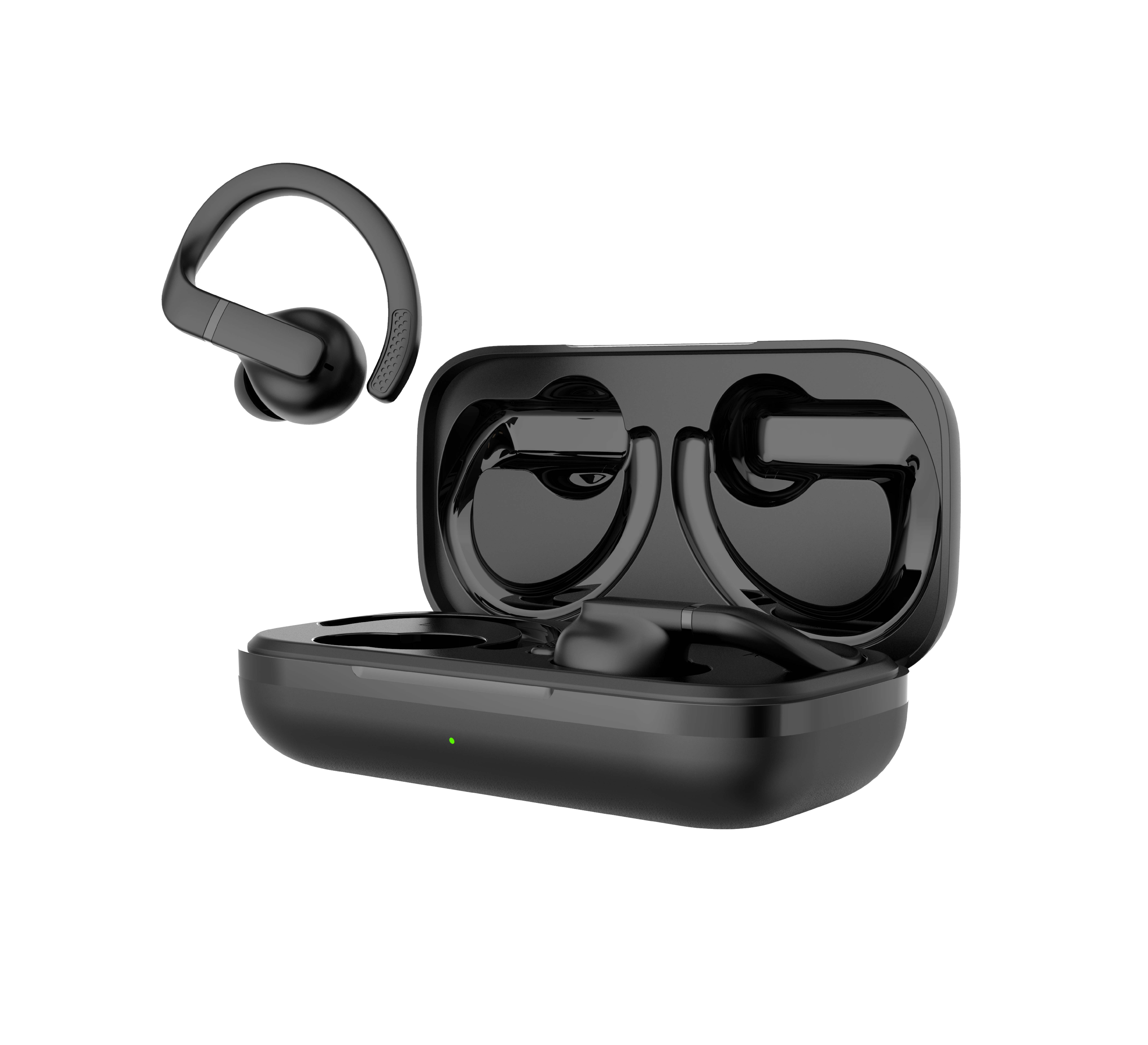Auricolari wireless neri e custodia di ricarica. Un auricolare staccato. Sfondo bianco.