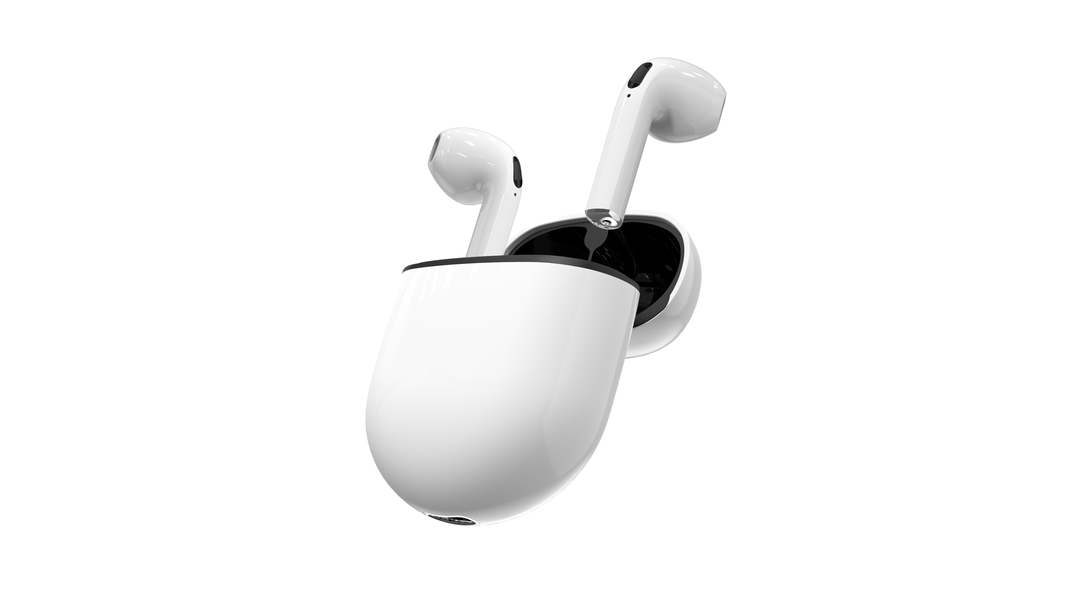 Auriculares blancos en estuche de carga blanco, aislados en blanco.