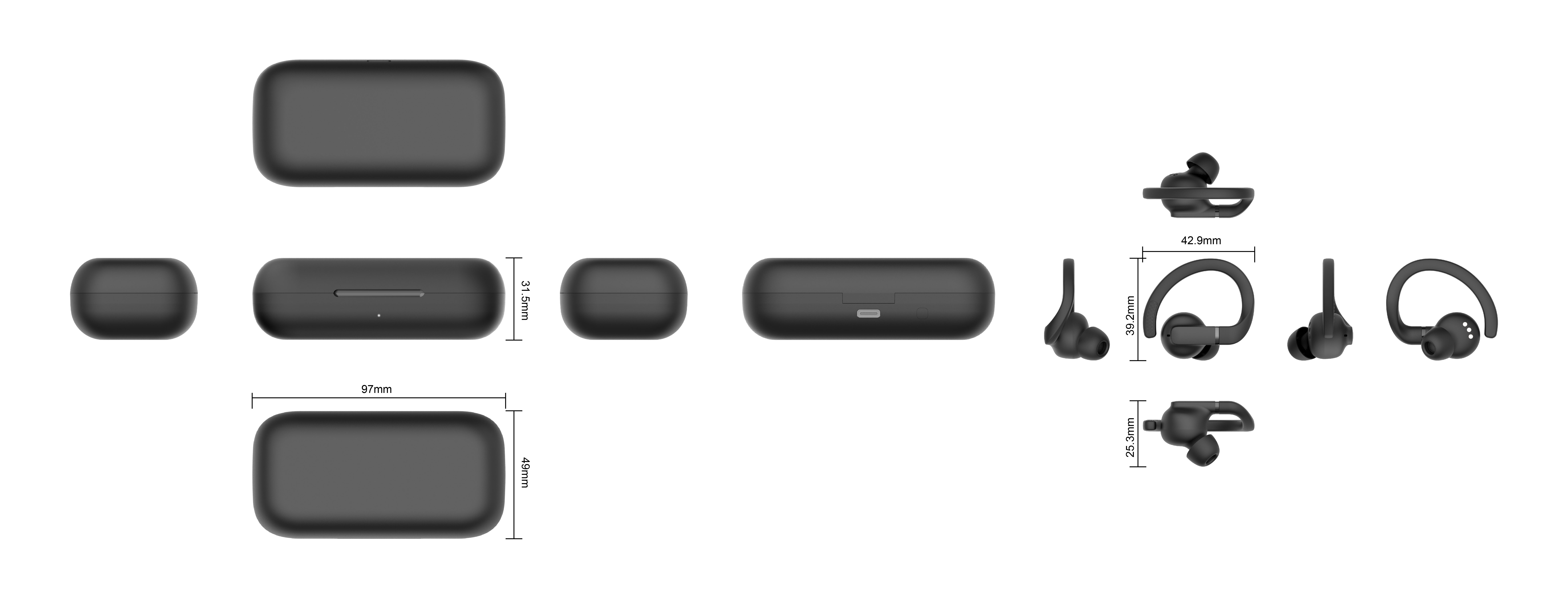 Custodia e auricolari wireless neri. Le dimensioni sono visualizzate. Lo sfondo è bianco.