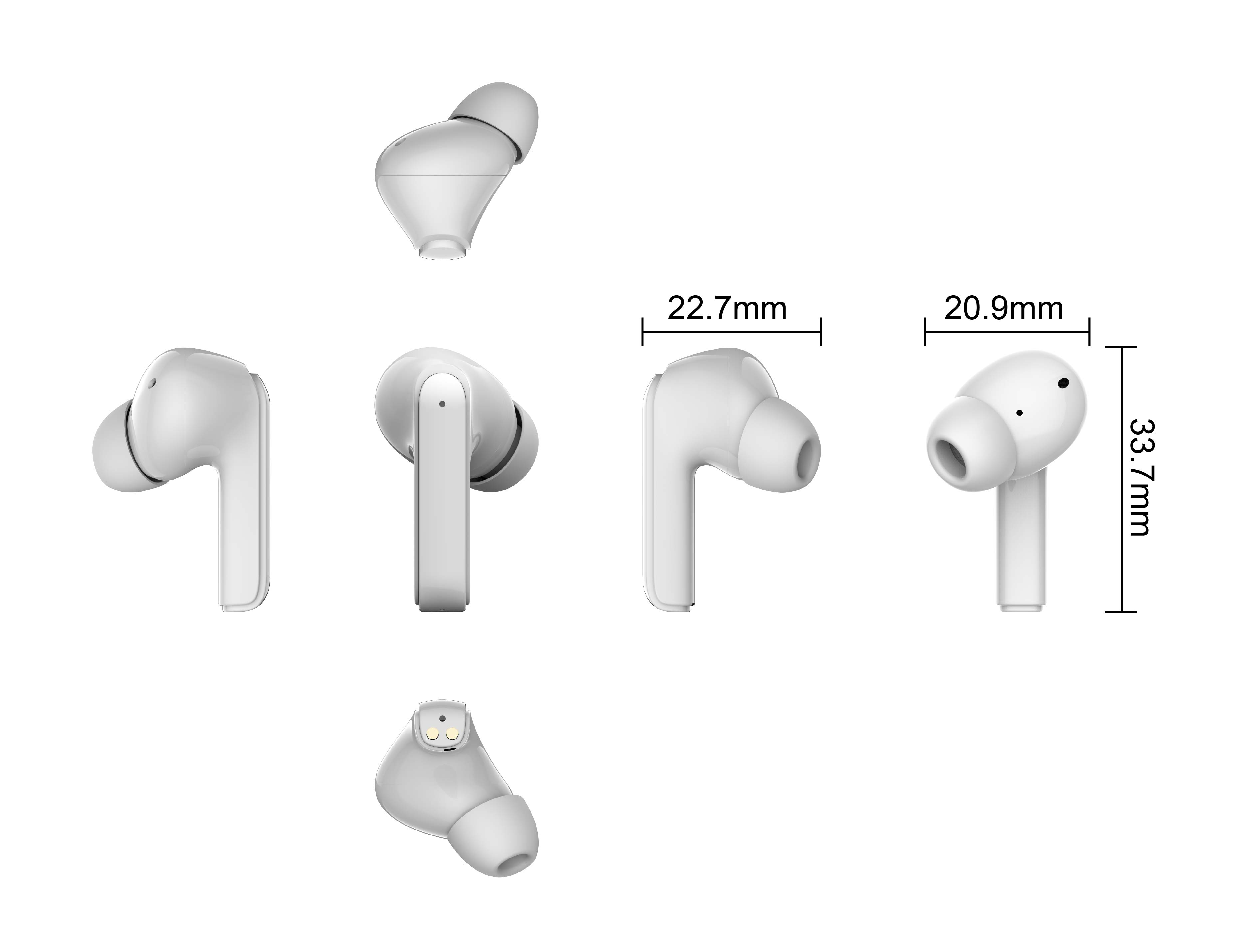 Auricolari bianchi mostrati da più angolazioni, con dimensioni su sfondo bianco.