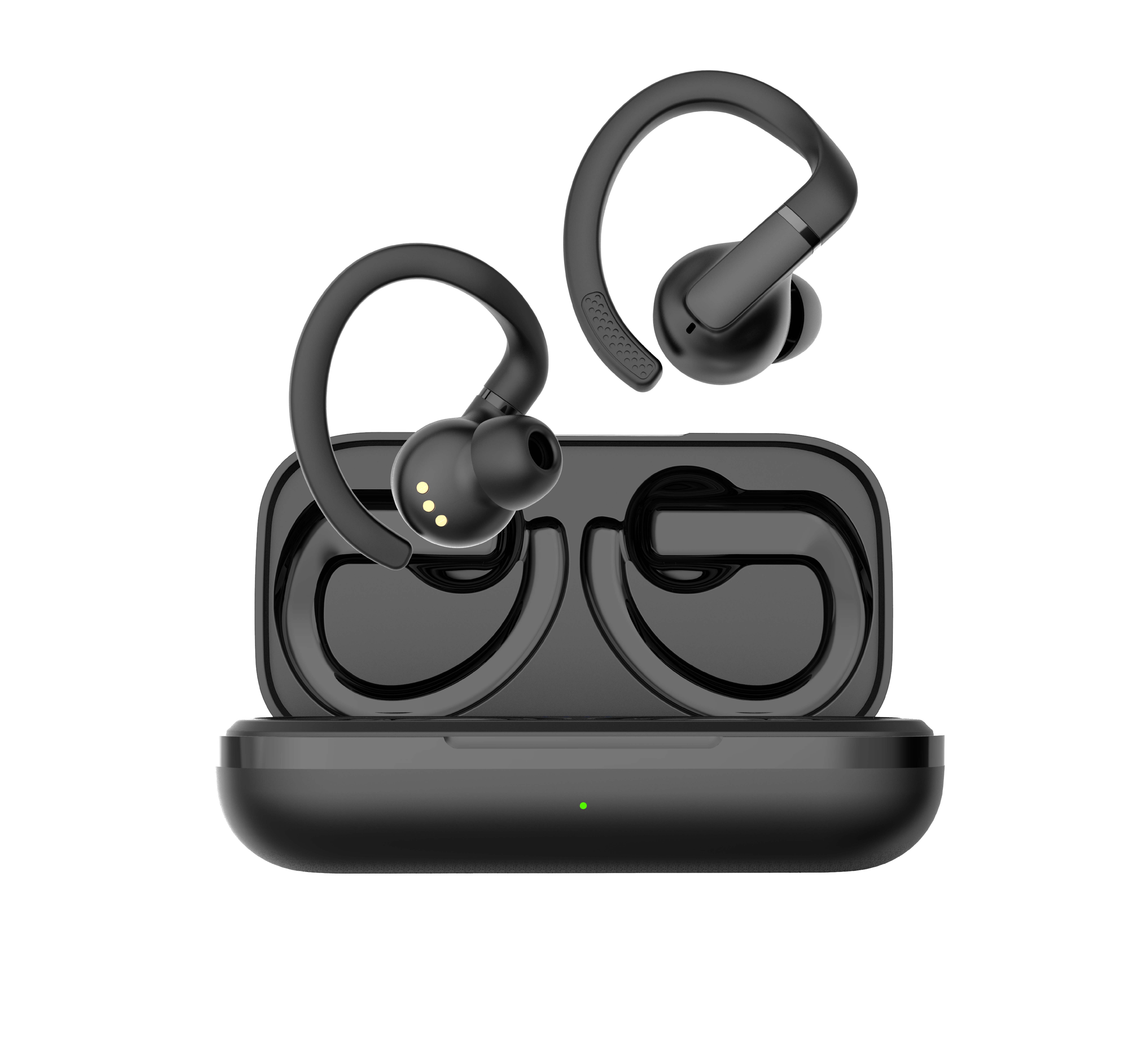 Auricolari wireless neri in una custodia di ricarica, mostra una luce verde.